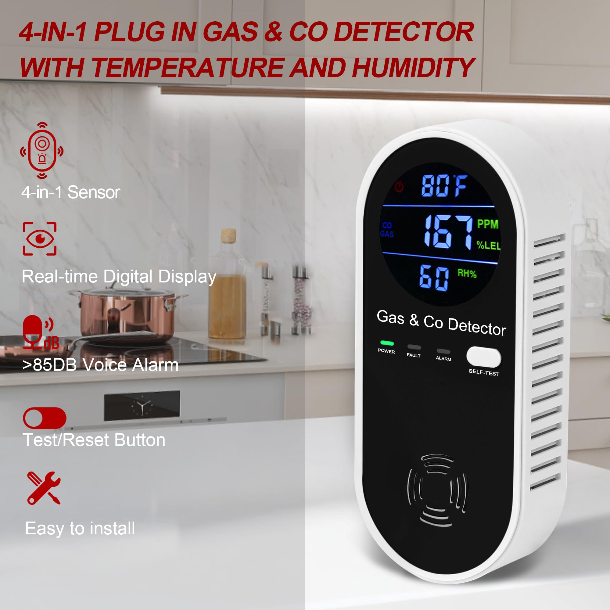 4-in-1 Plug-In Gas & Carbon Monoxide Detector – Natural Gas, CO, Temperature & Humidity Alarm