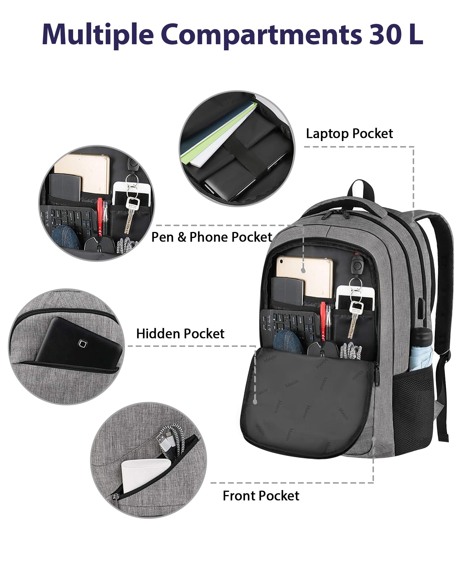 Matein 17″ TSA-Approved Travel Laptop Backpack – Large Carry-On with USB Charging & Trolley Sleeve (Grey)