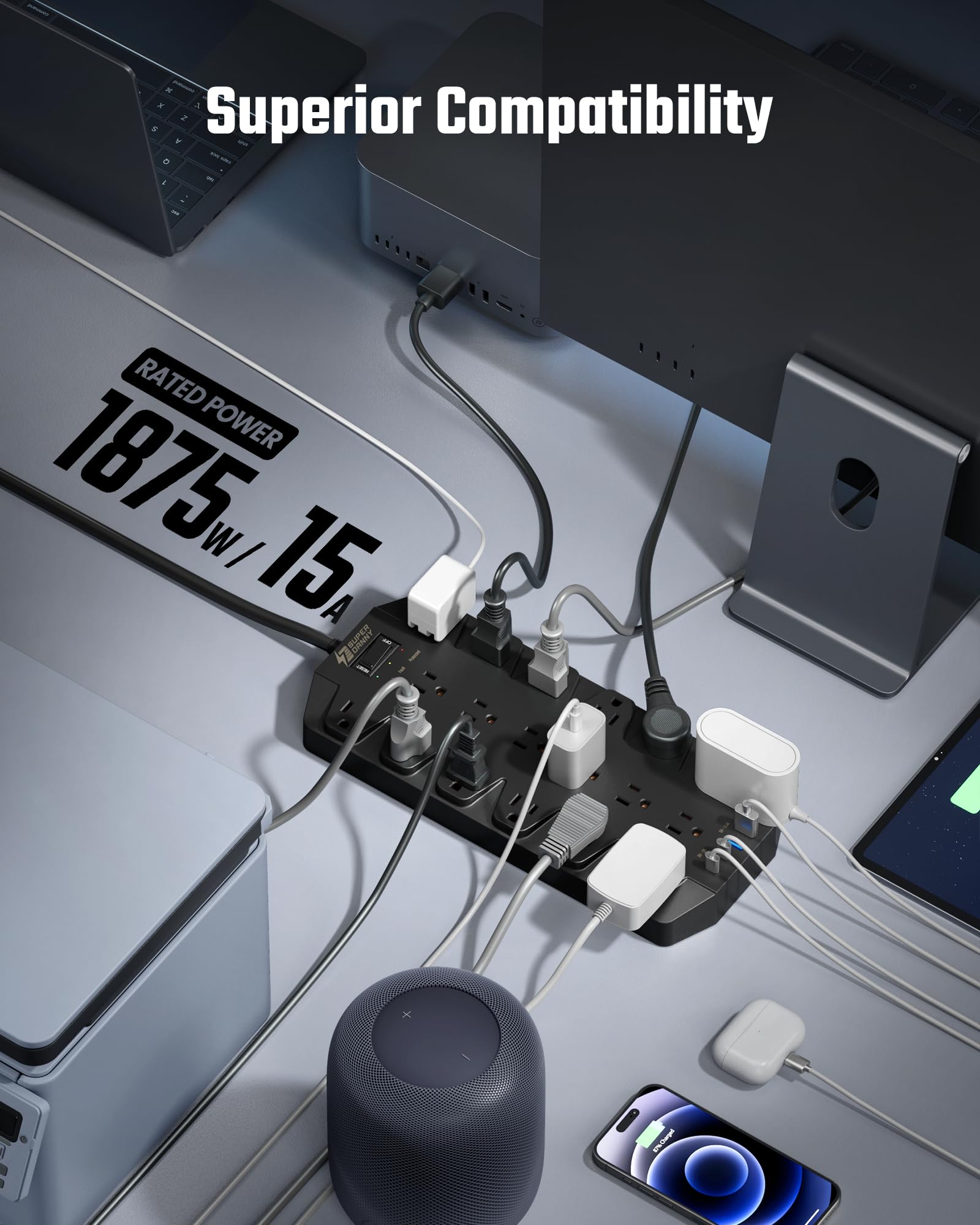 SUPERDANNY Heavy Duty Surge Protector Power Strip with 18 AC Outlets, 4 USB Ports & Flat Plug Wall Mount Extension Cord