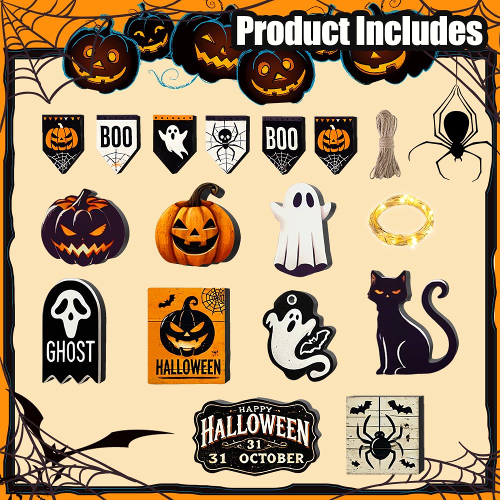 Halloween Tiered Tray Decor Set – 17-Piece Wooden Sign Kit with Warm Lights, Ghosts, Pumpkins & Cats