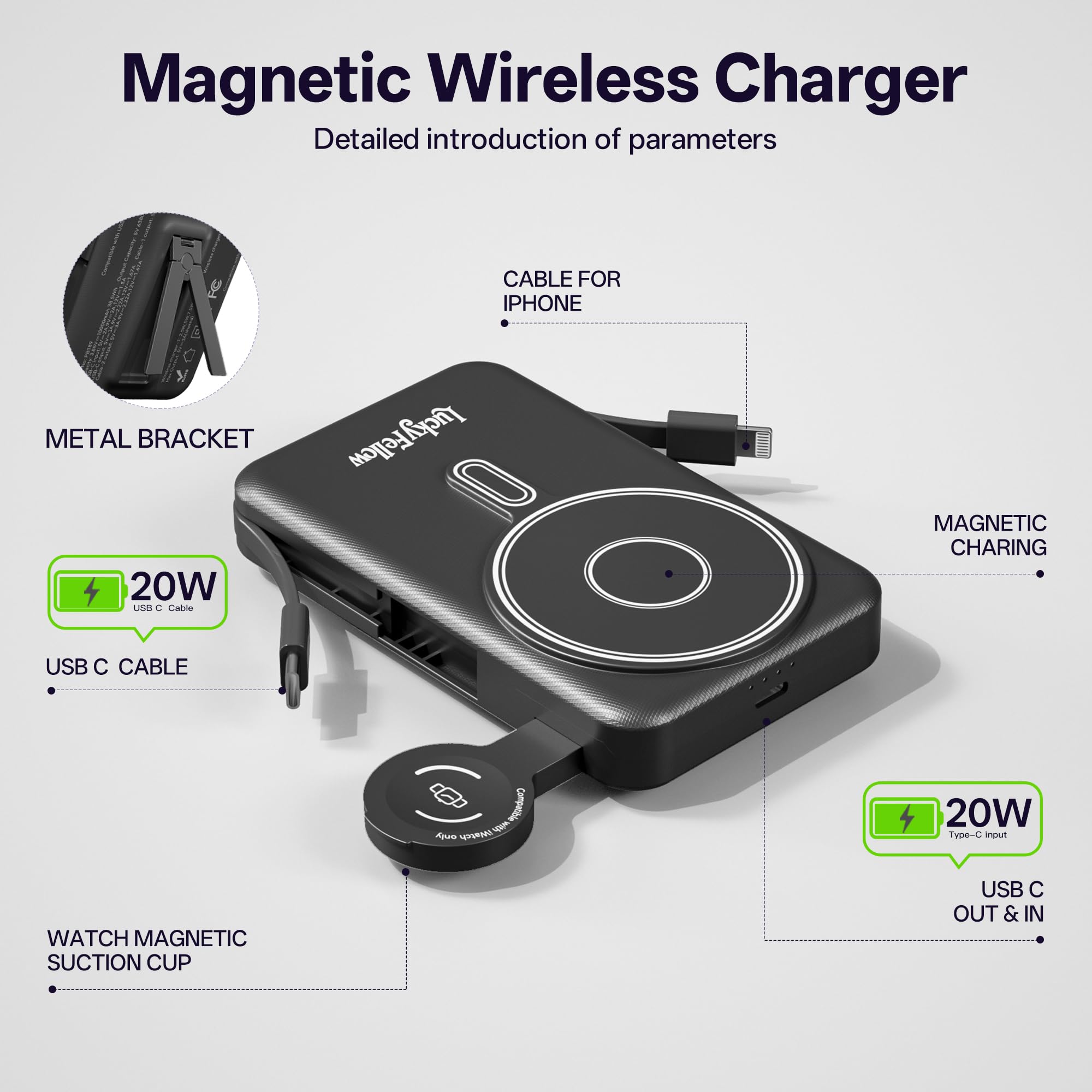 Magnetic Portable Power Bank 10,000mAh – Wireless Fast Charger with Built-In Cables & Kickstand (Black)