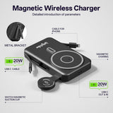 Magnetic Portable Power Bank 10,000mAh – Wireless Fast Charger with Built-In Cables & Kickstand (Black)