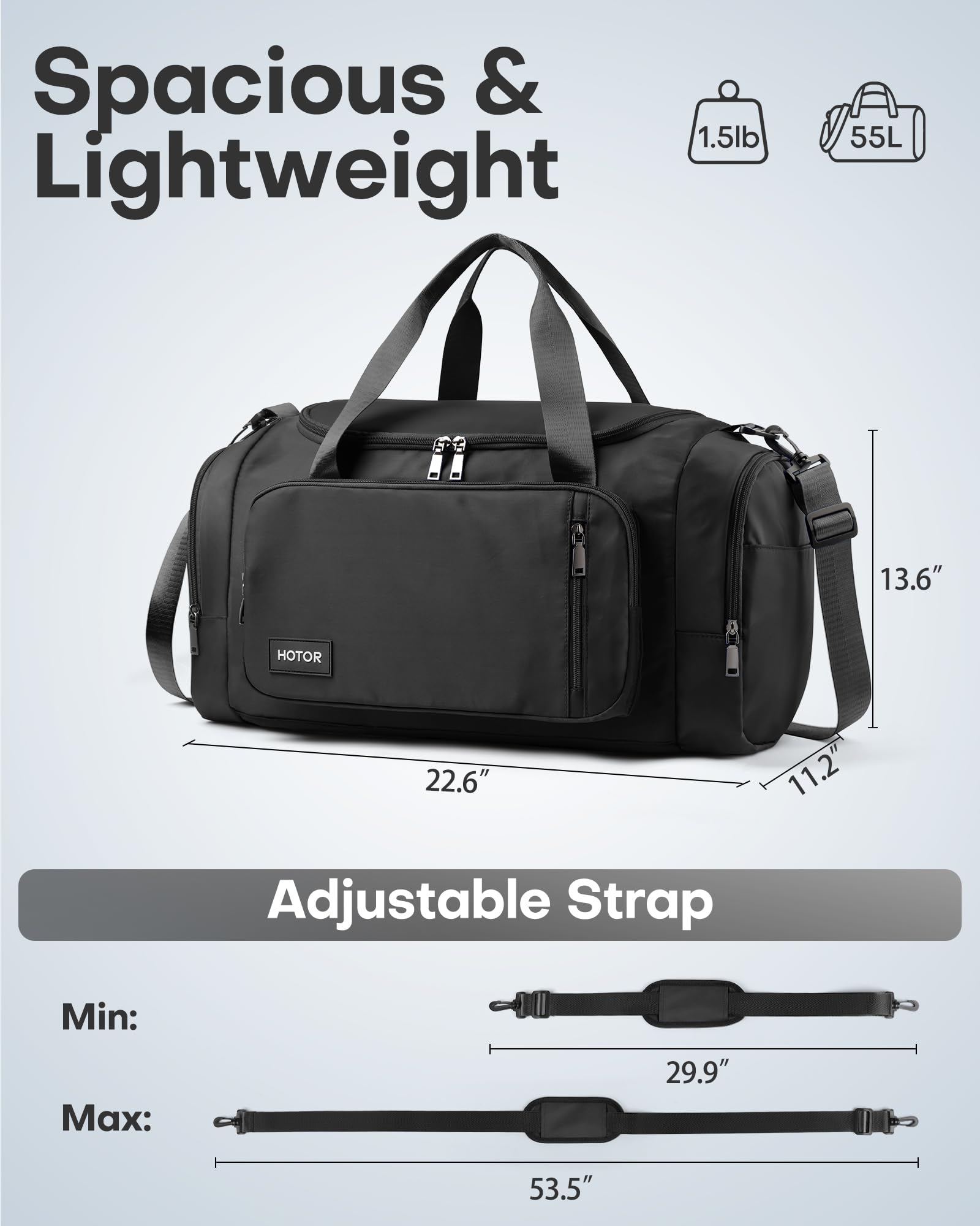 HOTOR Spacious Gym Duffle Bag – Carry-On Sports & Weekender Bag with Shoe Compartment and Wet Pocket (Black)