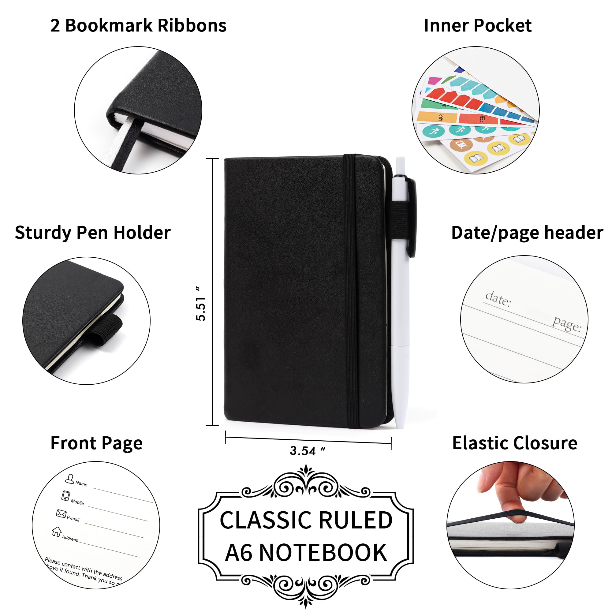Feela A6 College Ruled Notebook Set – 15 Pocket Journals with 15 Black Retractable Pens (Black, Navy & Dark Green)
