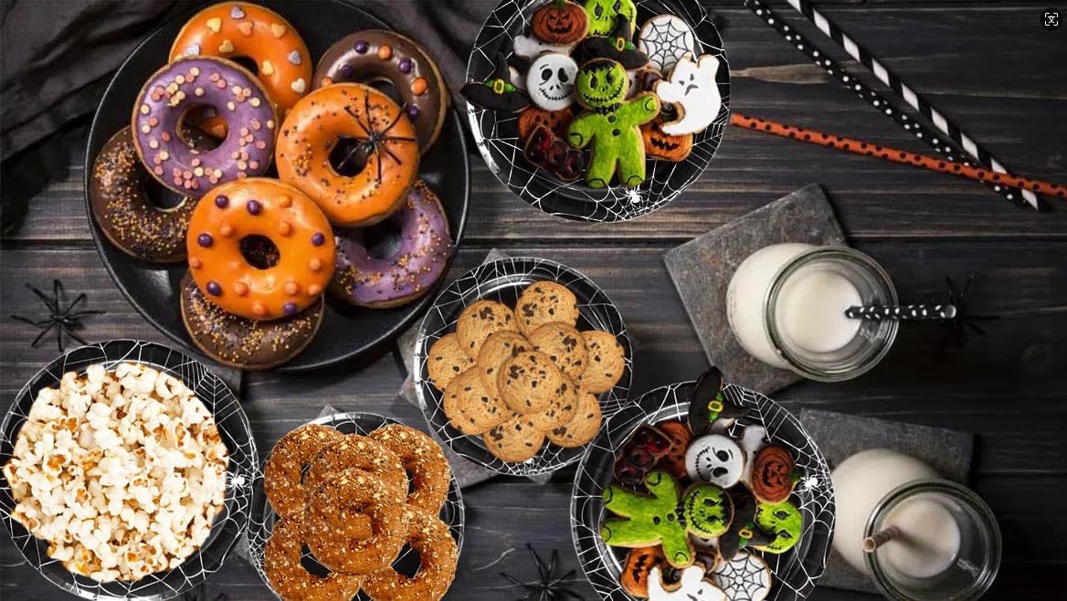 Halloween Party Supplies Set – 89 Pcs Black Spider Web Plates, Cups, Napkins & Tablecloth for Spooky Celebrations