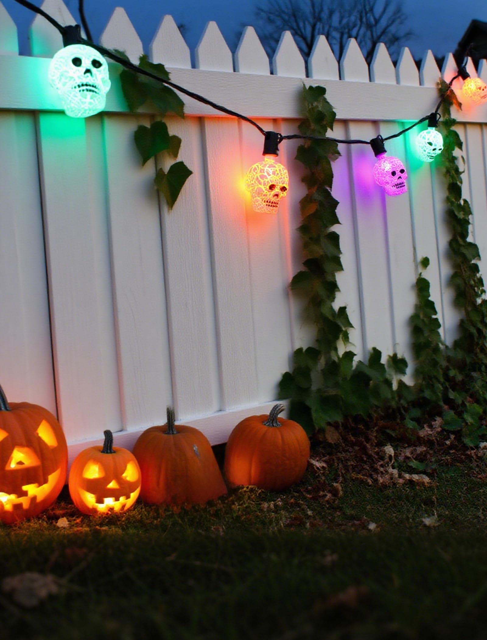 Crackle Skull String Lights – 10Pc Gothic Halloween LED Set with End-to-End Connectors (Multicolor, Indoor & Outdoor Use)