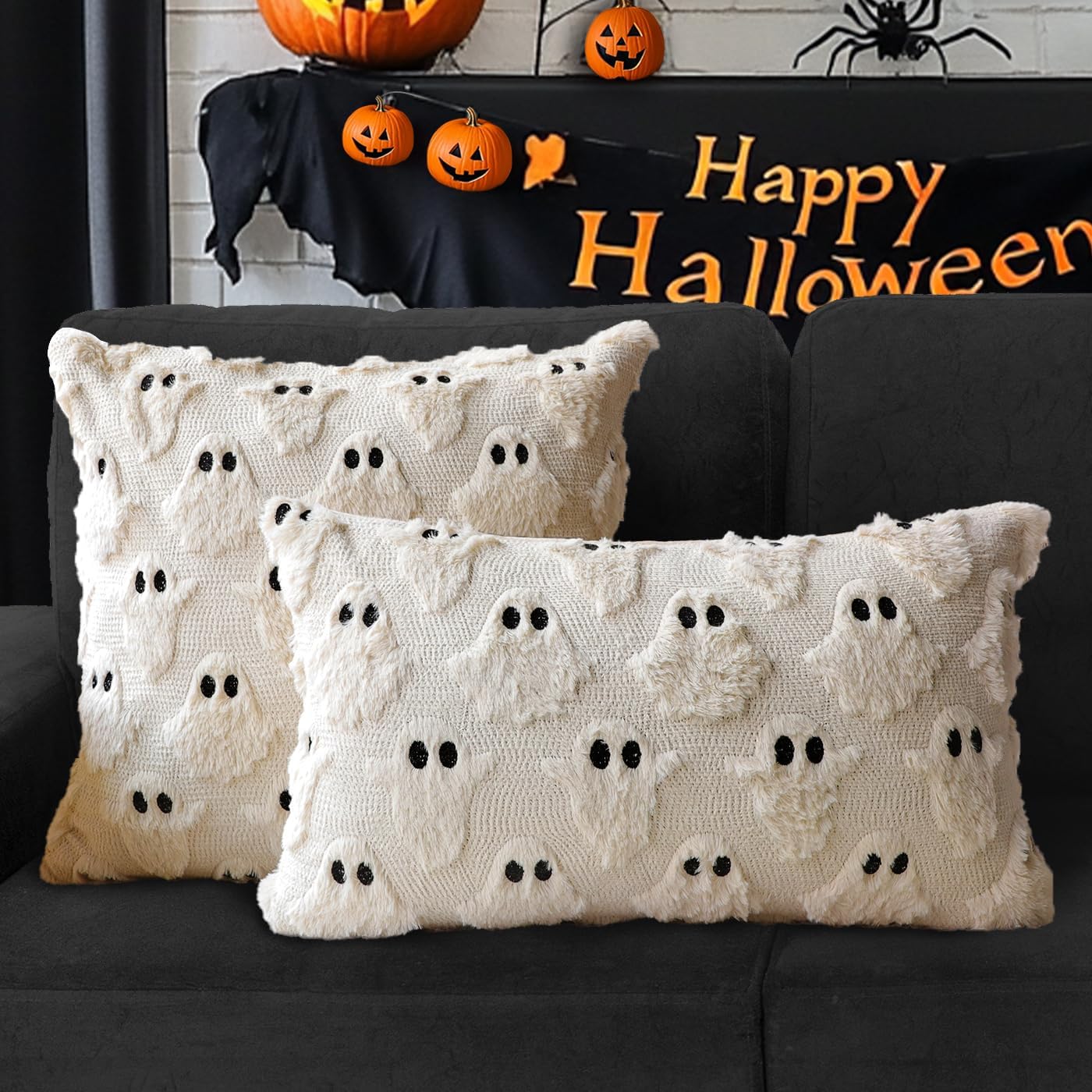Set of 2 Beige Faux Fur Halloween Pillow Covers – 18x18 Inch Plush Decorative Cushion Cases with Hidden Zipper