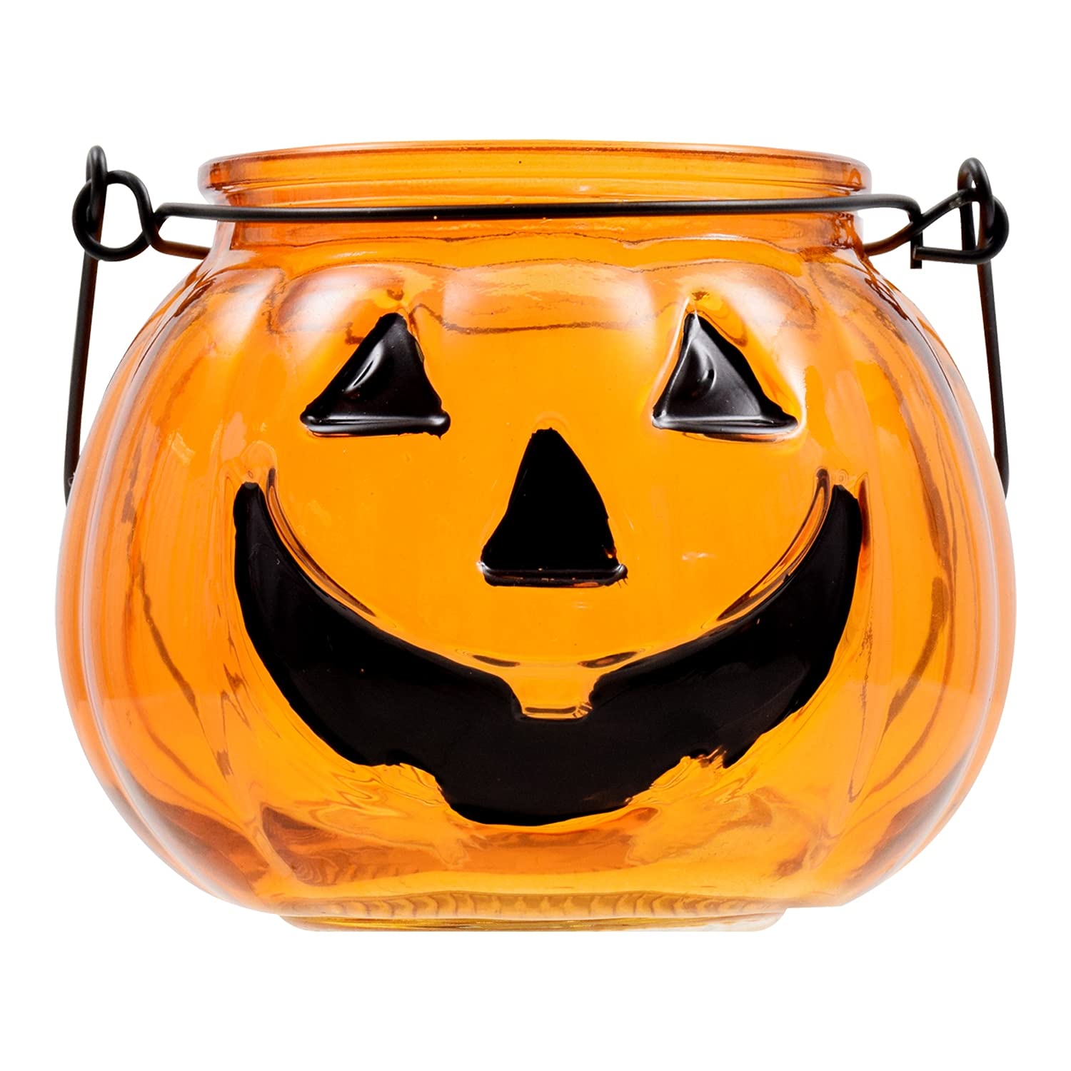 Glass Jack-O’-Lantern Tea Light Holder – Orange Pumpkin Candle Holder for Halloween Table & Home Décor