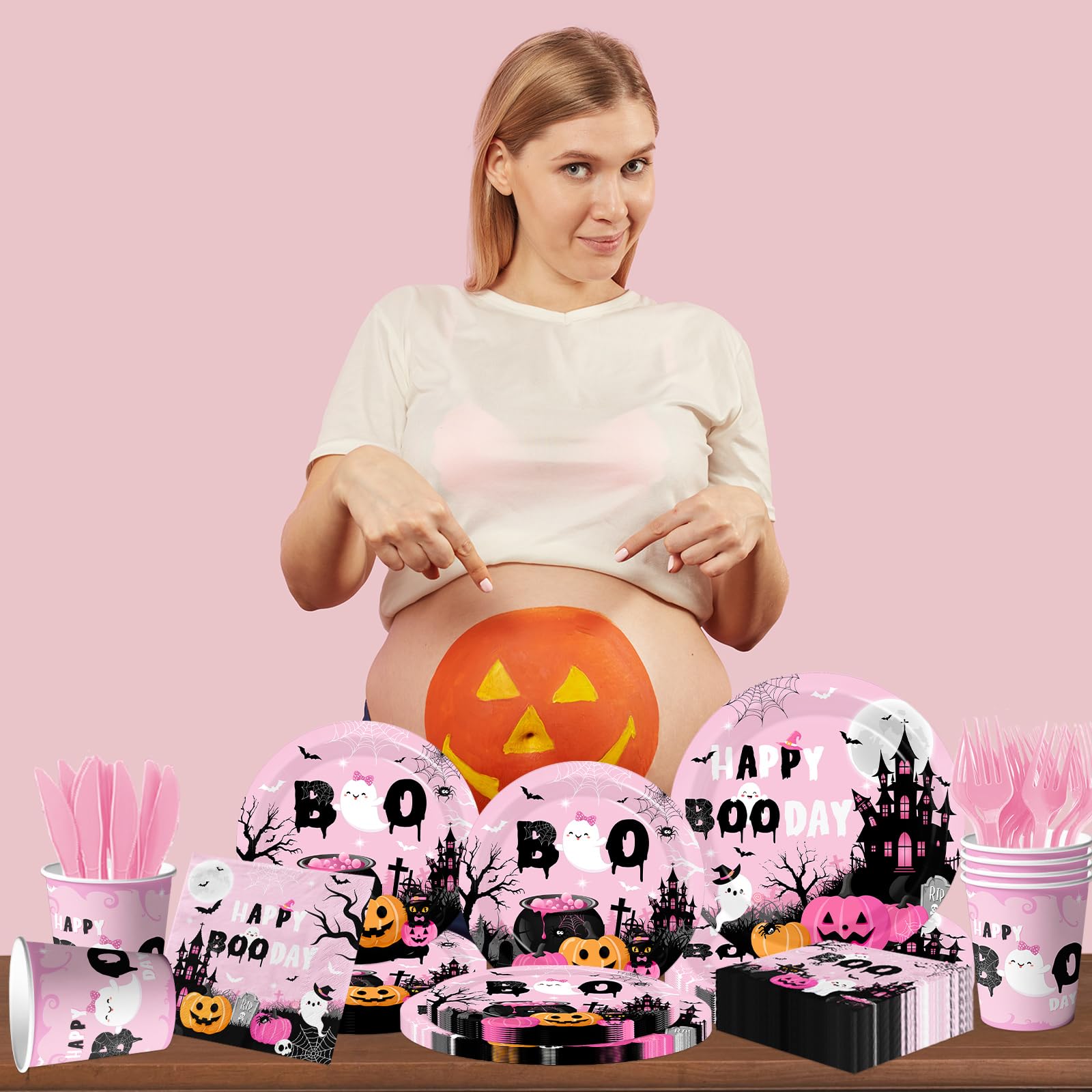 Happy Boo Day Halloween Party Supplies – 144 Pcs Pink Ghost & Pumpkin Plates, Cups, Napkins & Cutlery Set for 24 Guests