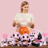 Happy Boo Day Halloween Party Supplies – 144 Pcs Pink Ghost & Pumpkin Plates, Cups, Napkins & Cutlery Set for 24 Guests