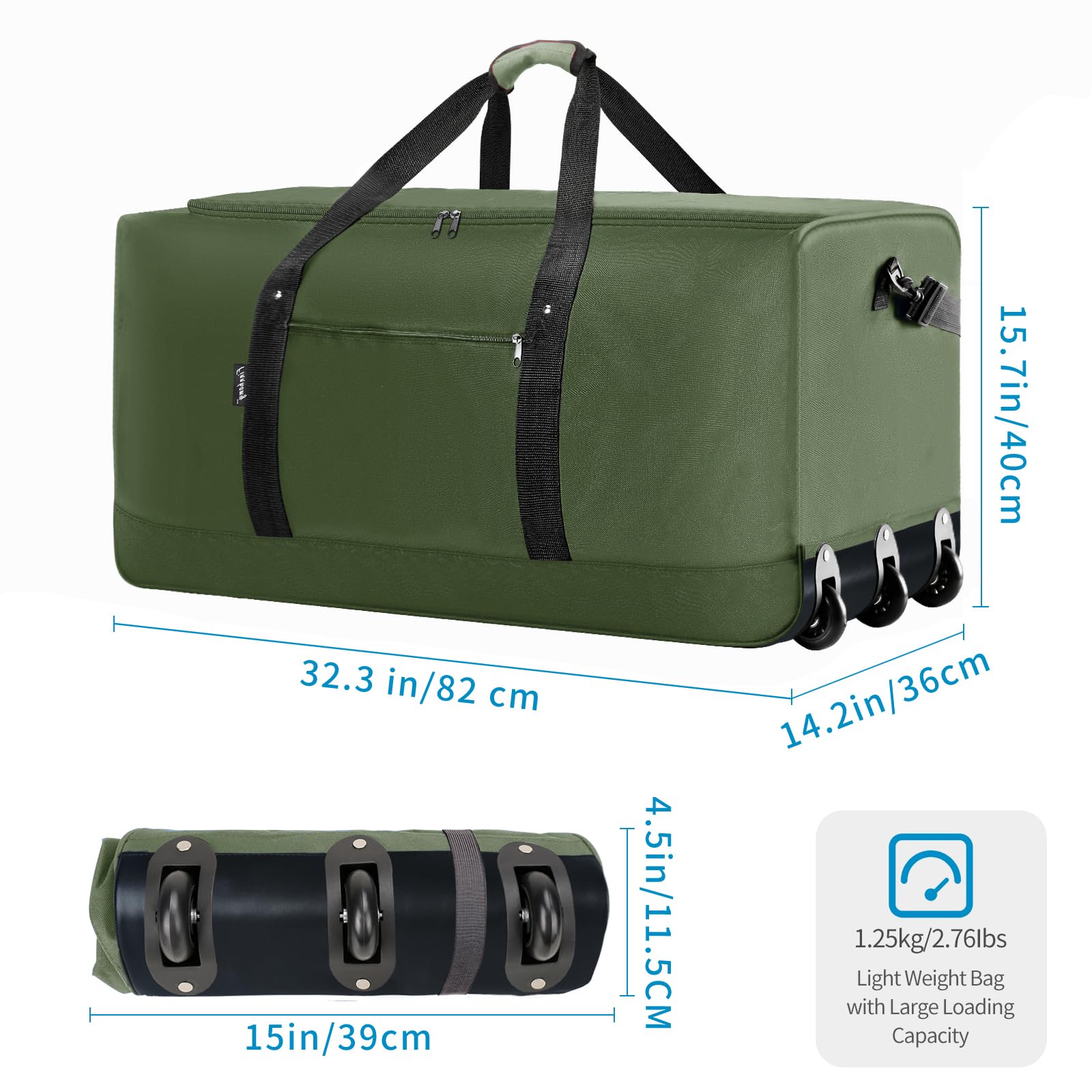 Finnhomy 120L Foldable Rolling Duffel Bag with 3 Wheels, Lightweight Extra Large 32-Inch Travel Duffel with Shoulder Strap (Green)
