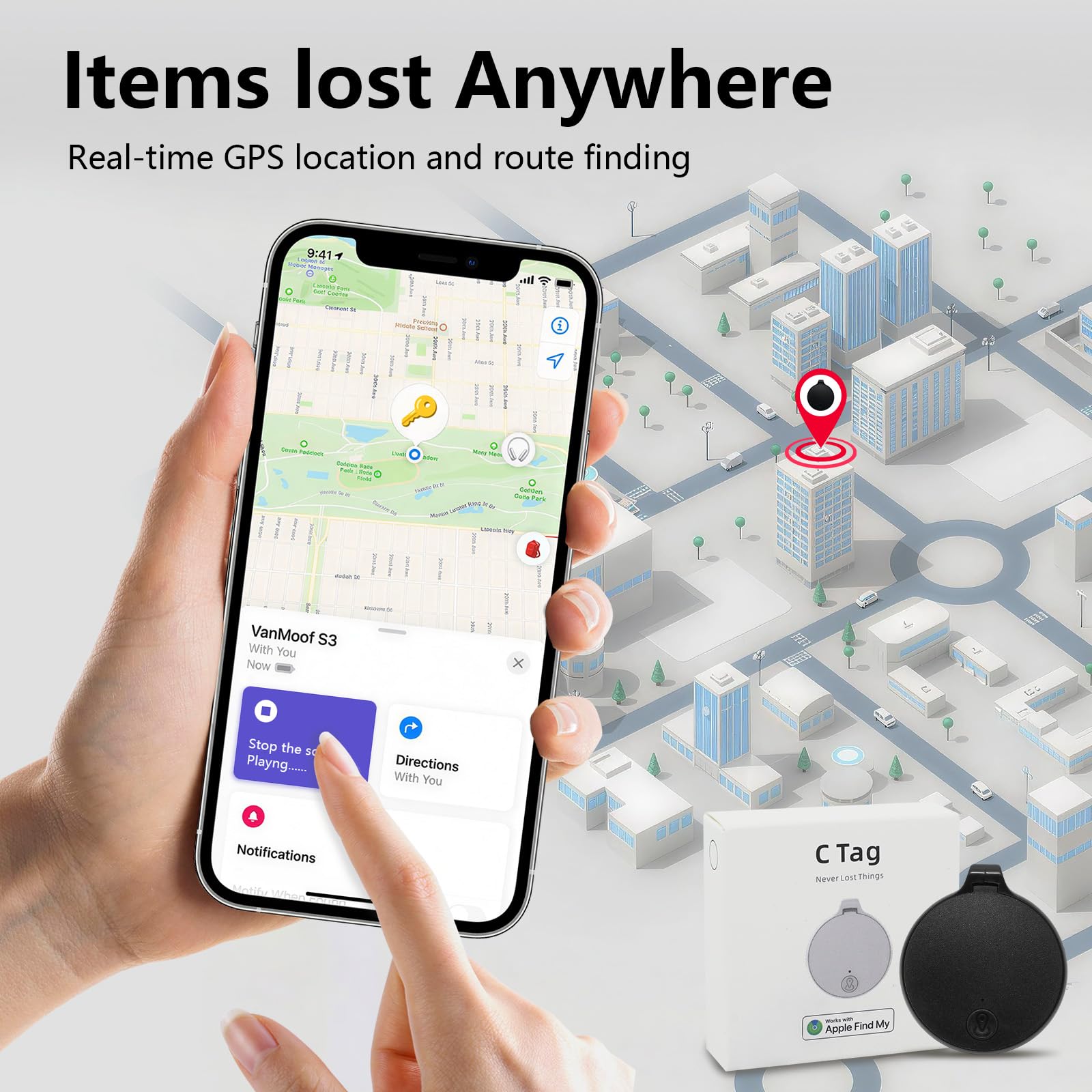 Mini Bluetooth Tracker Tag Apple Find My Compatible, Waterproof Item Locator with Sound Alert & Replaceable Battery – Black