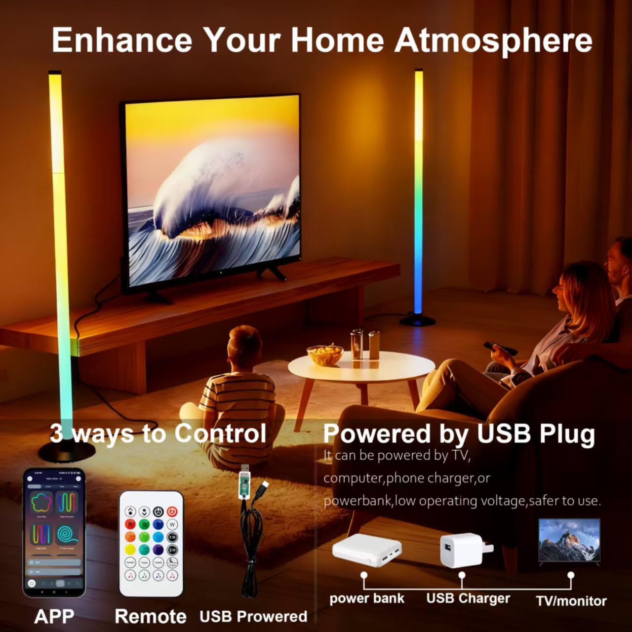 LotusLamp RGB IC Corner Floor Lamp – App & Remote Controlled Dimmable LED Light (White + Black, 48.6” Tall)