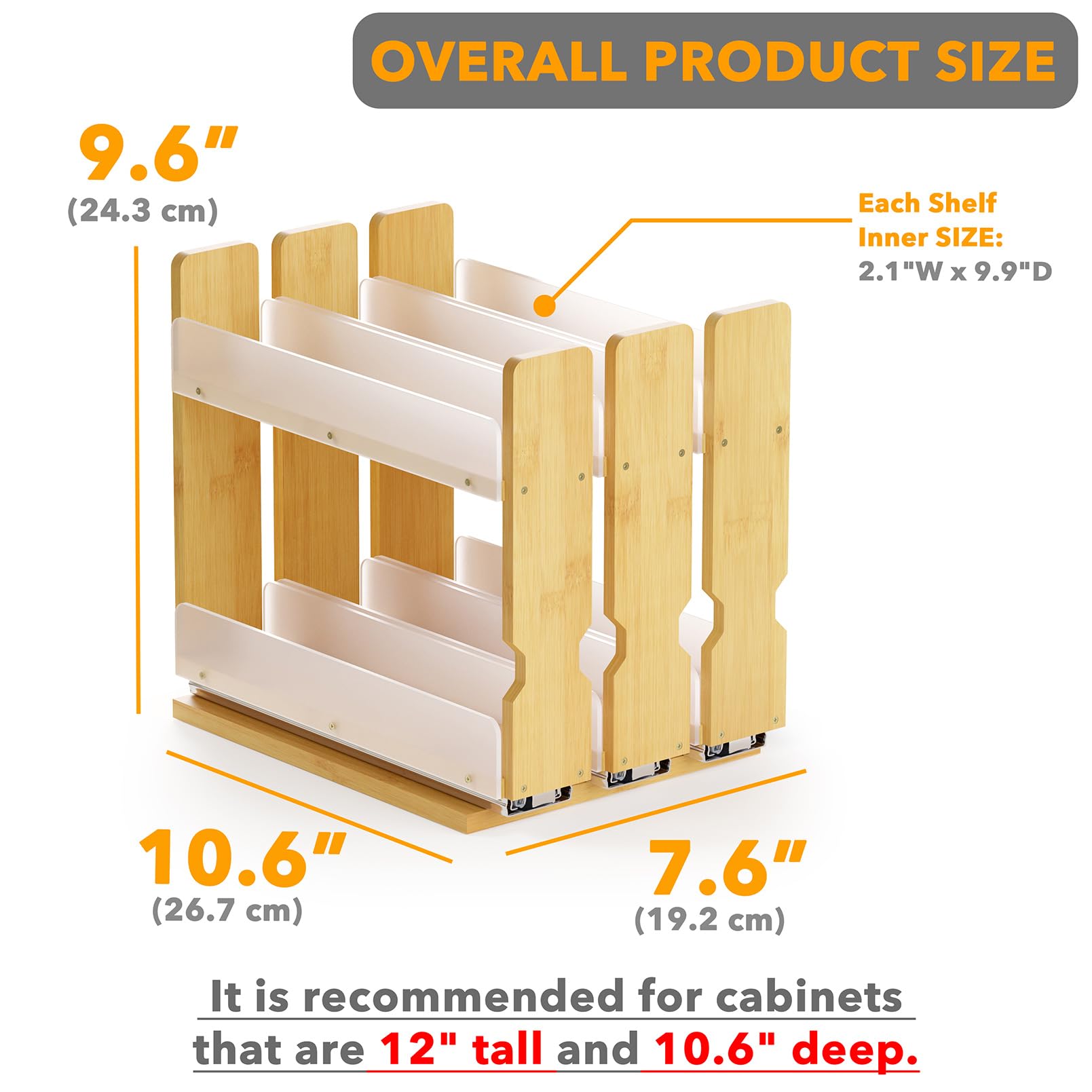 Bamboo Pull-Out Spice Rack Organizer – 2-Tier Vertical Cabinet Storage with 3 Slide-Out Drawers, Natural