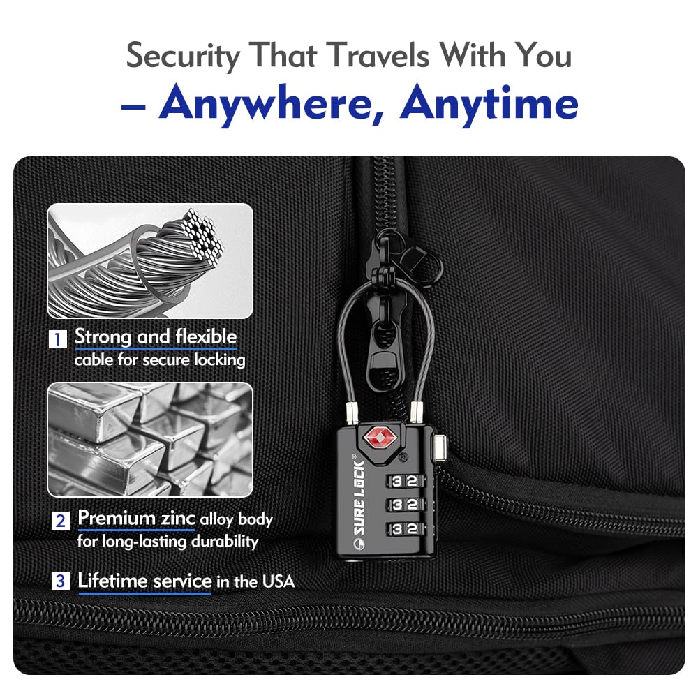 TSA Approved Cable Luggage Locks 2 Pack with Open Alert Indicator, 3 Digit Combination Travel Locks for Suitcases & Backpacks