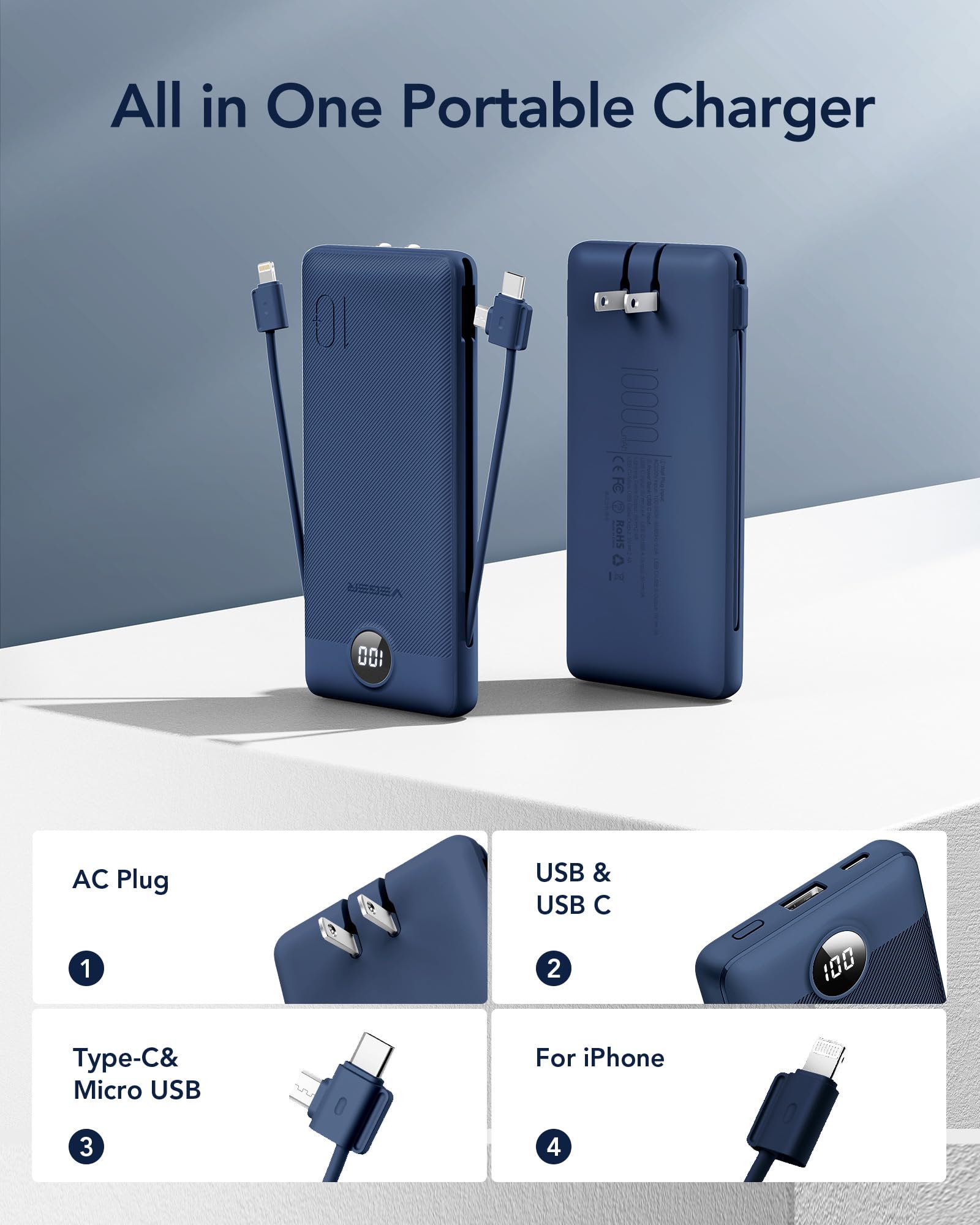 10000mAh Portable Power Bank with Built-In Cables & AC Plug – Fast Charging Multi-Device Battery Pack