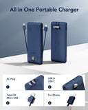 10000mAh Portable Power Bank with Built-In Cables & AC Plug – Fast Charging Multi-Device Battery Pack