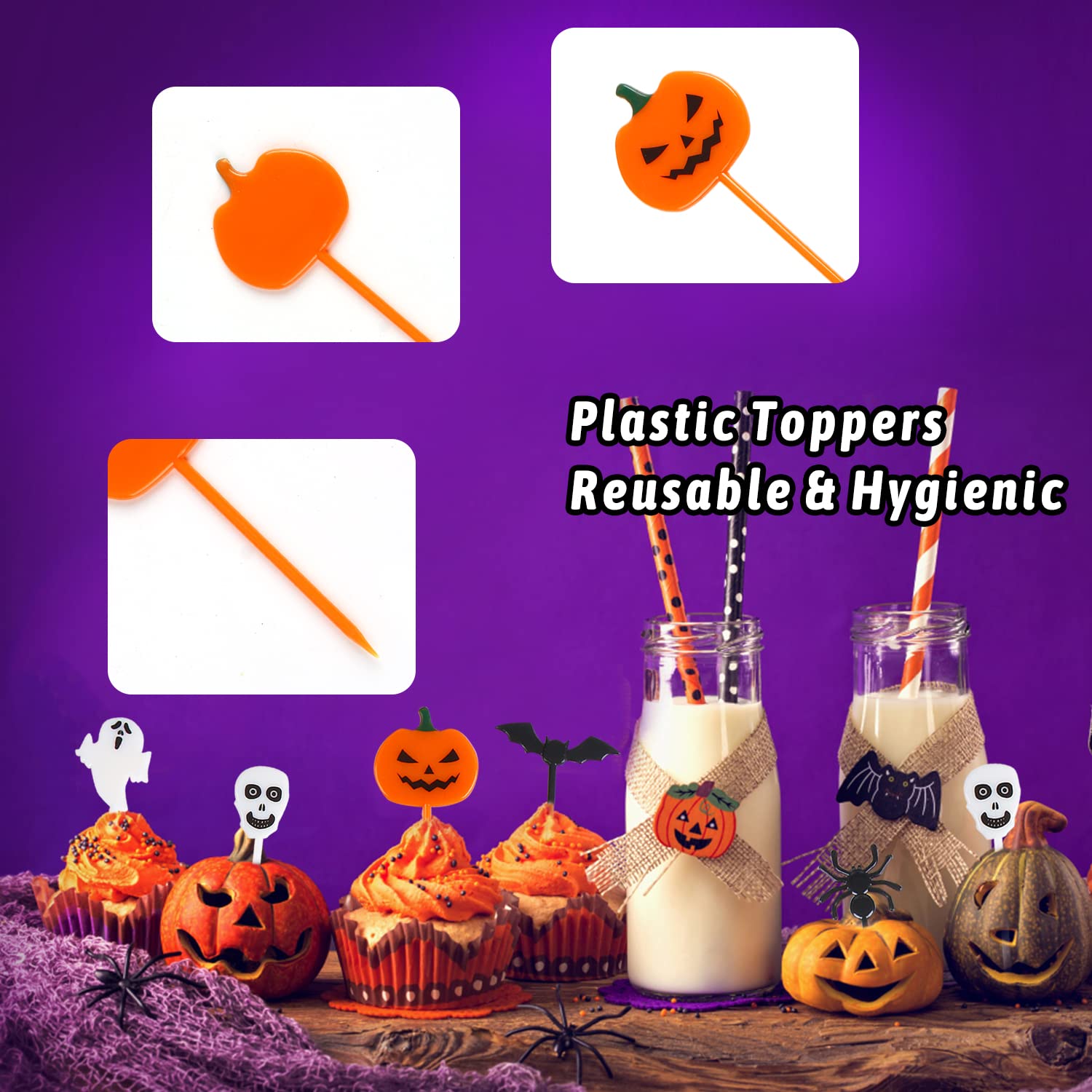 Halloween Cupcake Toppers – 50 Pcs Reusable Party Picks Set (Pumpkin, Ghost, Spider, Bat & Skeleton Designs)