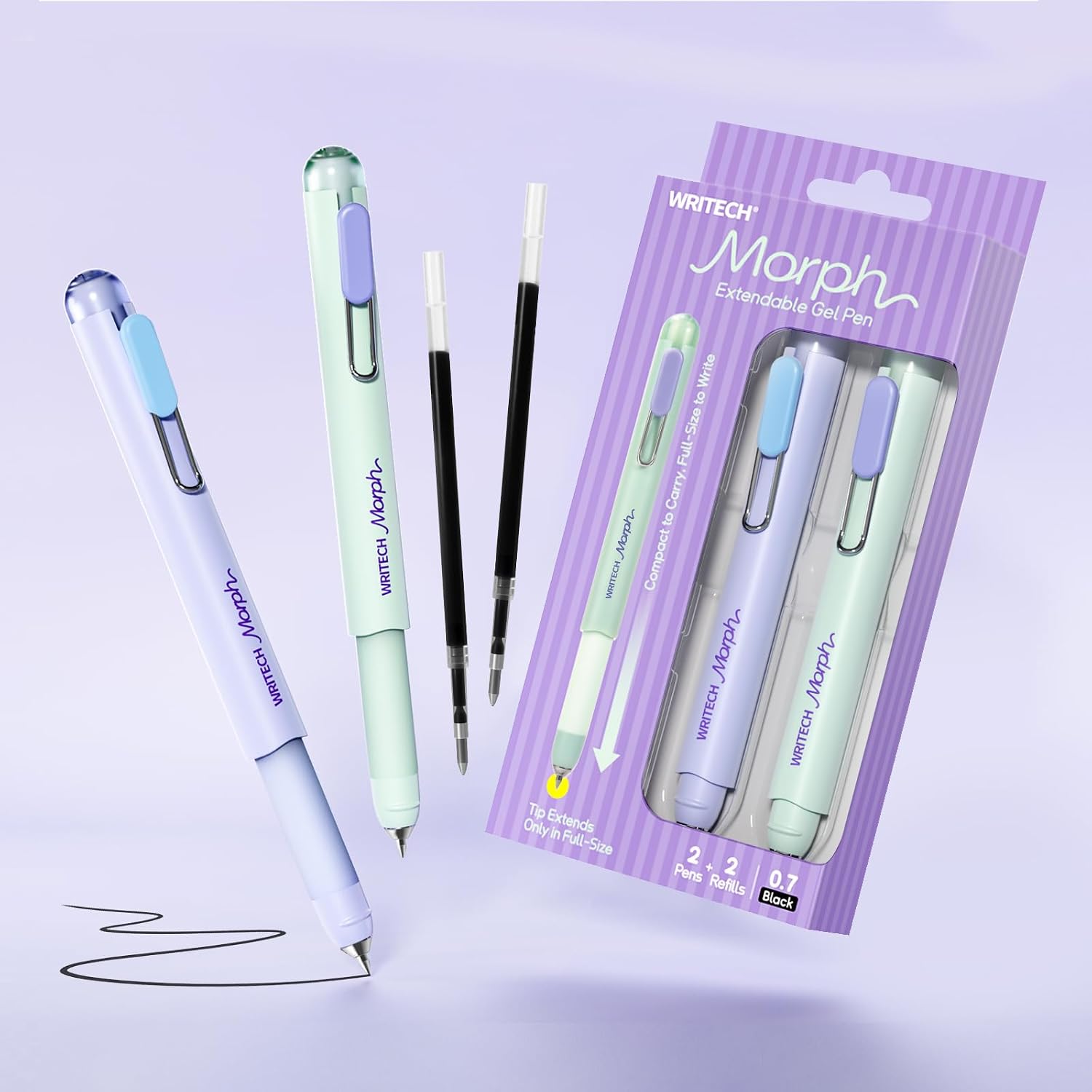 2-Pack Extendable 0.7 mm Black Gel Pens with Refills