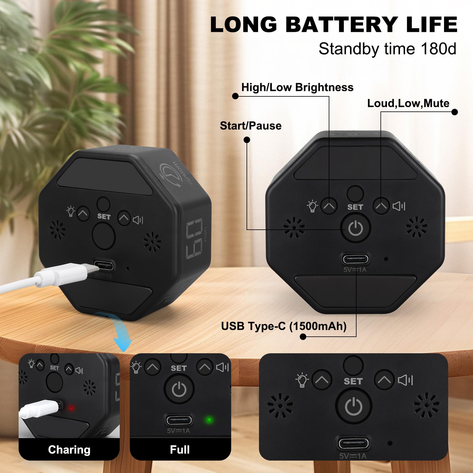 Kaflin Visual Pomodoro Timer with Gravity Flip, Magnetic Back, Built-in Clock & Auto-Cycle Mode, Rechargeable Focus Timer for Classroom, Work & Kitchen – Black