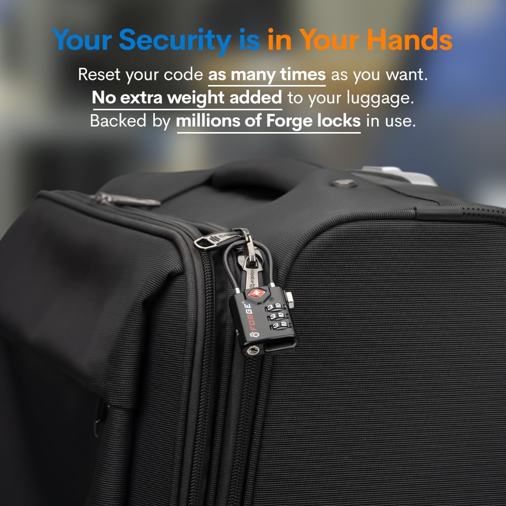 Forge TSA Approved Cable Luggage Locks 4 Pack, Durable 3 Digit Combination Travel Locks for Suitcases, Backpacks & Gym Bags