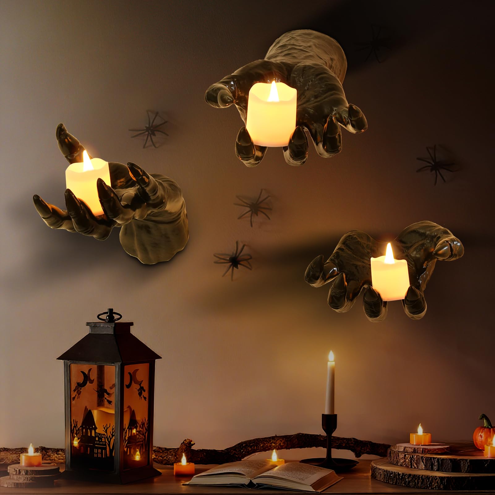 3D Creepy Wall Hands Halloween Decoration Set – Black Resin Spooky Hands with Candles & Mounting Kit, Gothic Wall Decor for Haunted Homes