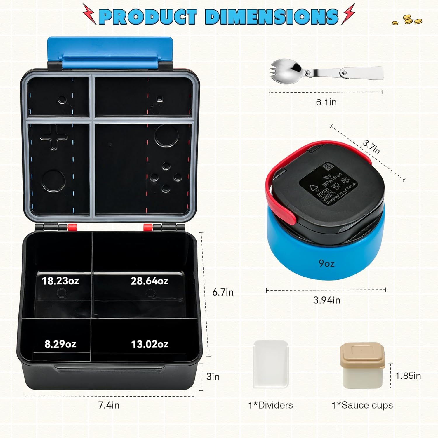 Blue-Red Game Bento Set with 9 oz Insulated Food Jar