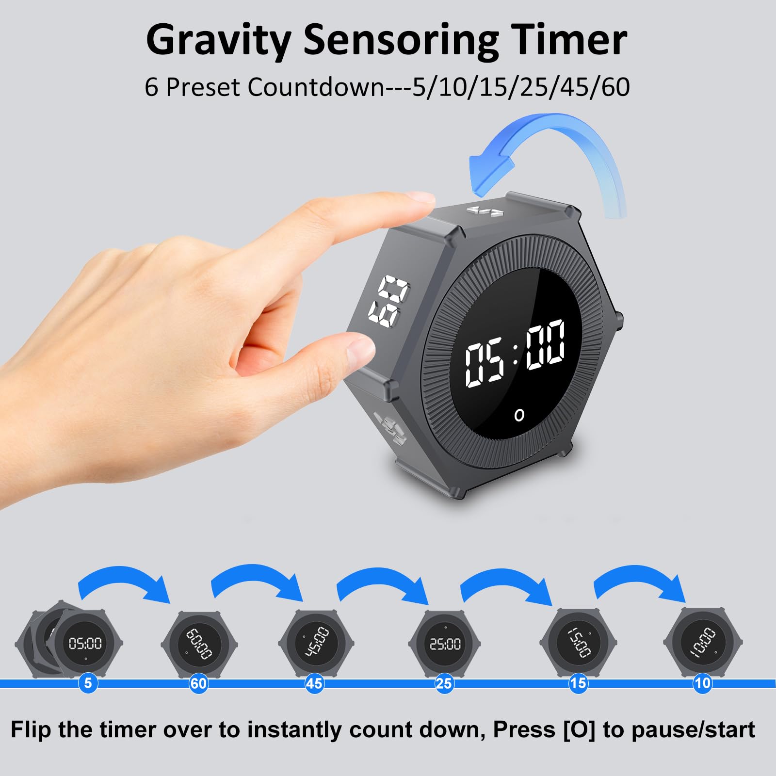 Pomodoro Timer with Gravity Rotation & Dial Control, Preset 5–60 Min, Custom Countdown & Count-Up, Magnetic Desk Timer with Adjustable Sound & Brightness for Kitchen, Work & Study – Gray