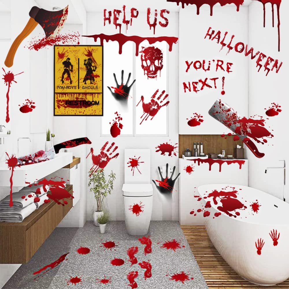 Bloody Handprint & Footprint Halloween Window Stickers – 84PCS Creepy Bathroom & Wall Decals (Color01, Reusable PVC)