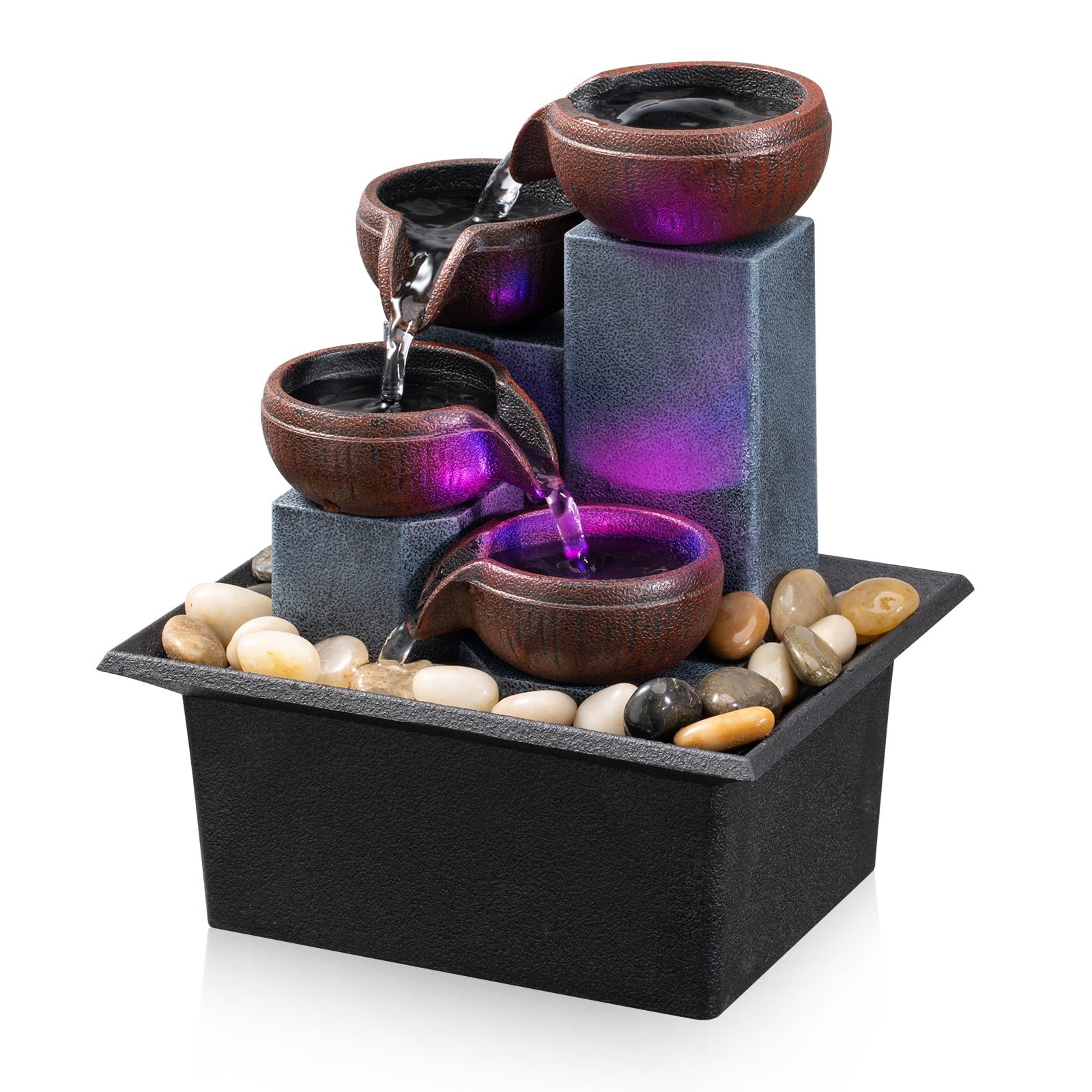 4-Level Tabletop Waterfall Fountain with LED Light & Natural Rocks – Indoor Meditation Decor (Brown)