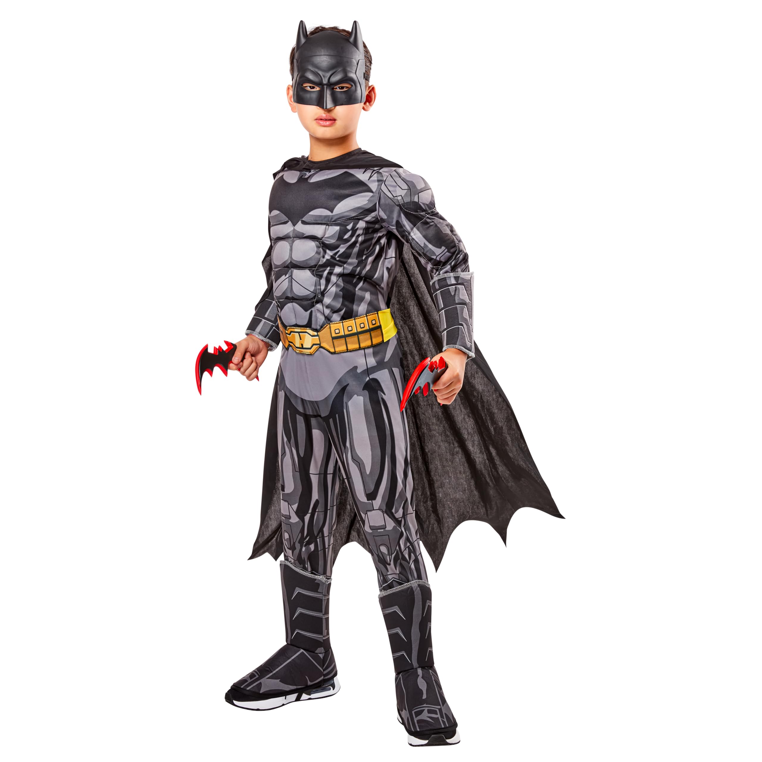 Batman Boys Deluxe Muscle Chest Costume – Padded Jumpsuit with Cape, Belt & Mask (Size Small 4–6)
