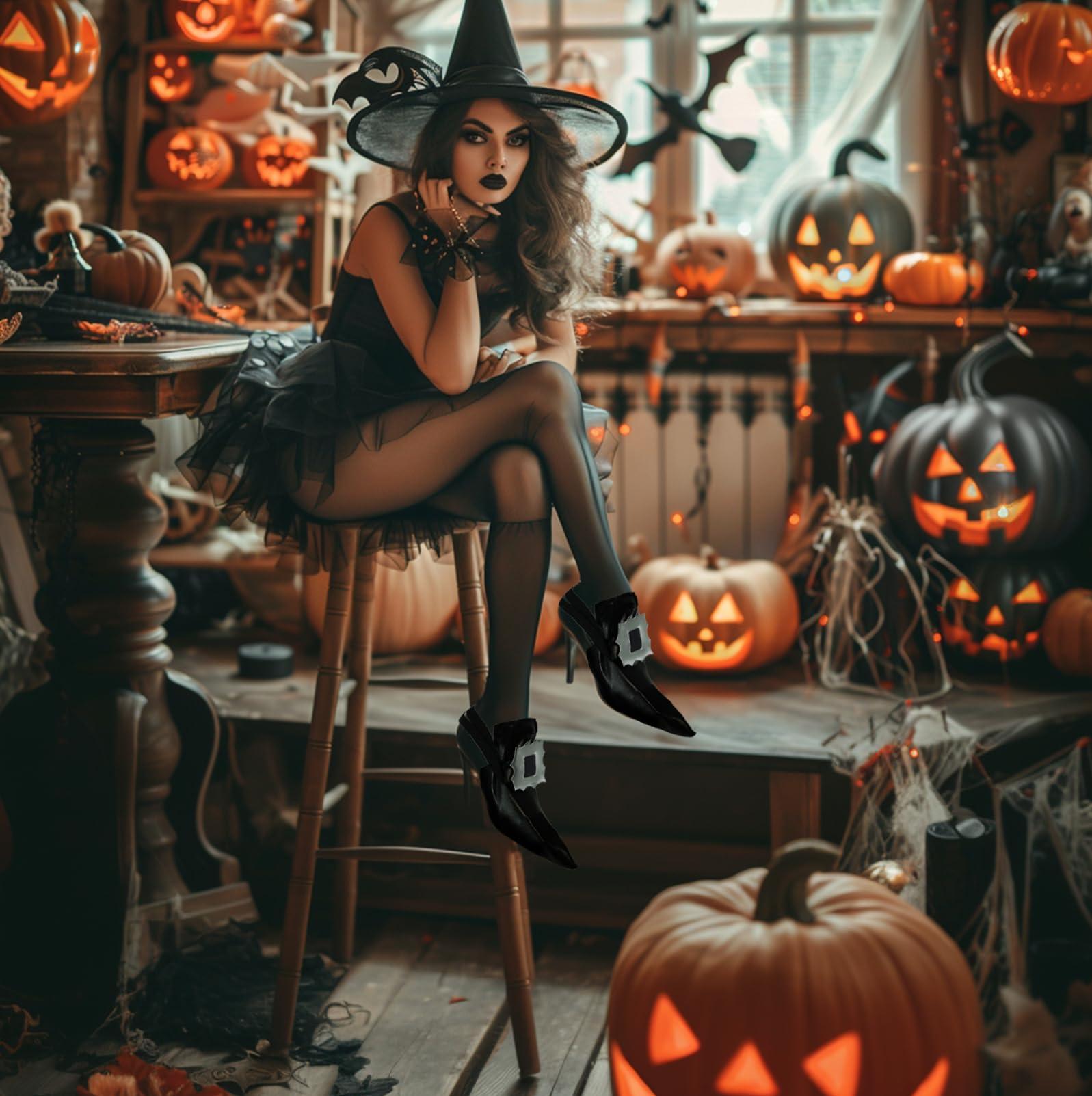 Black Witch Shoe Covers with Buckle – Adjustable Faux Leather Halloween Costume Accessory for Women