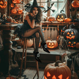 Black Witch Shoe Covers with Buckle – Adjustable Faux Leather Halloween Costume Accessory for Women