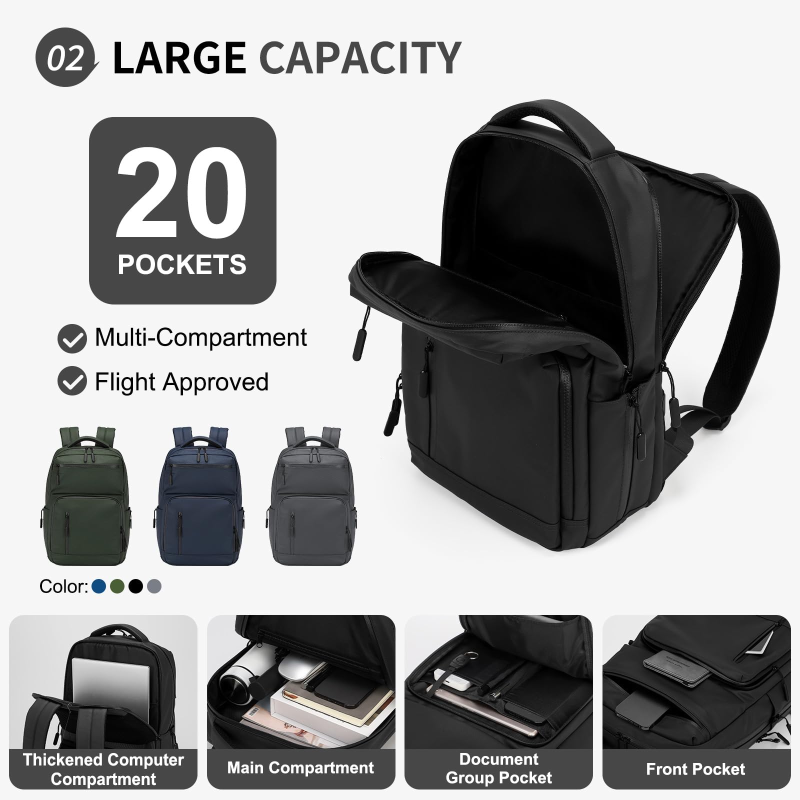 Suikihum Waterproof Laptop Backpack – Flight-Approved Anti-Theft Daypack with 15.6” Laptop Sleeve, Lightweight Travel Backpack (Black)
