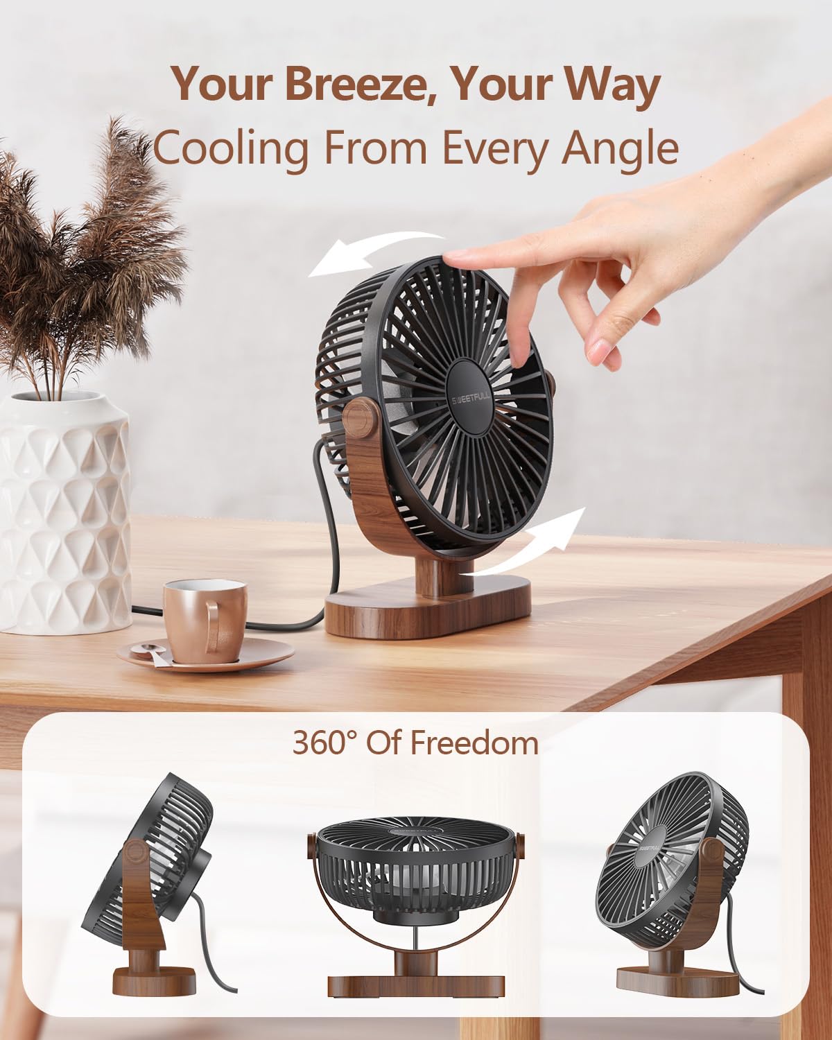 Sweetfull 6.5” USB Desk Fan Portable Quiet Mini Personal Fan with 3 Speeds & 360° Adjustable Airflow Wood Grain Design