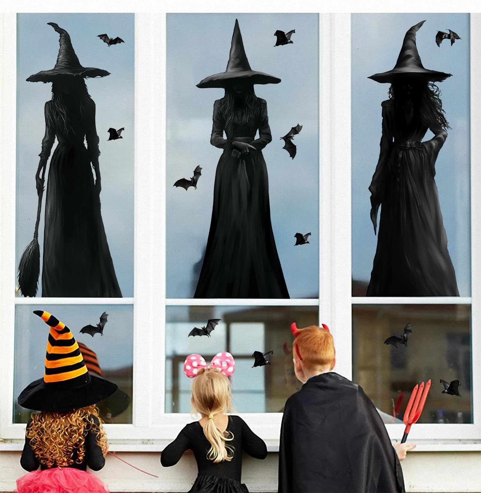 Halloween Witch Window Clings – 3 Scary Witches & 34 Bats Double-Sided PVC Silhouette Stickers (Black, Reusable)