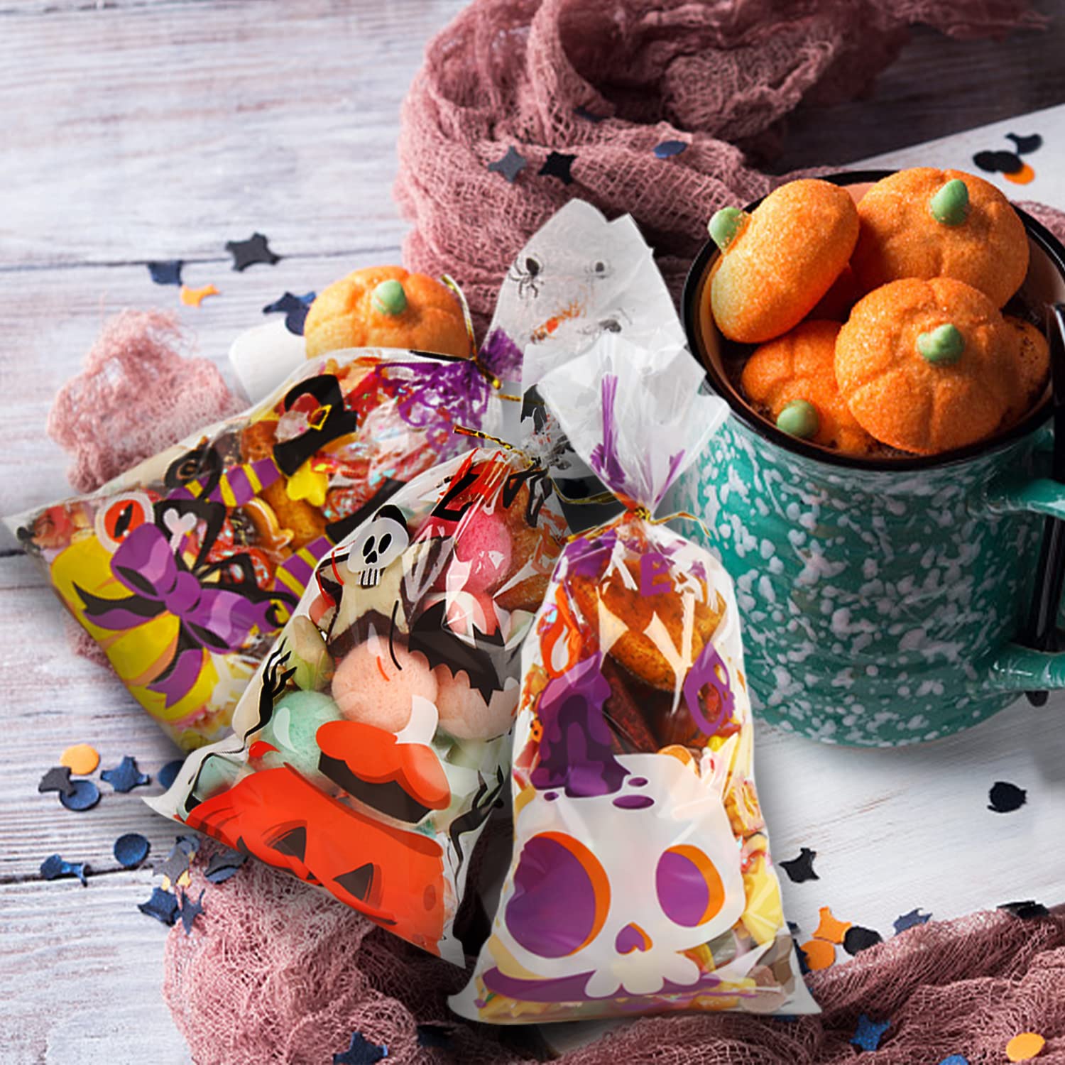 Halloween Treat Bags Set – 200 Cellophane Candy Bags with 240 Twist Ties (4 Festive Designs)