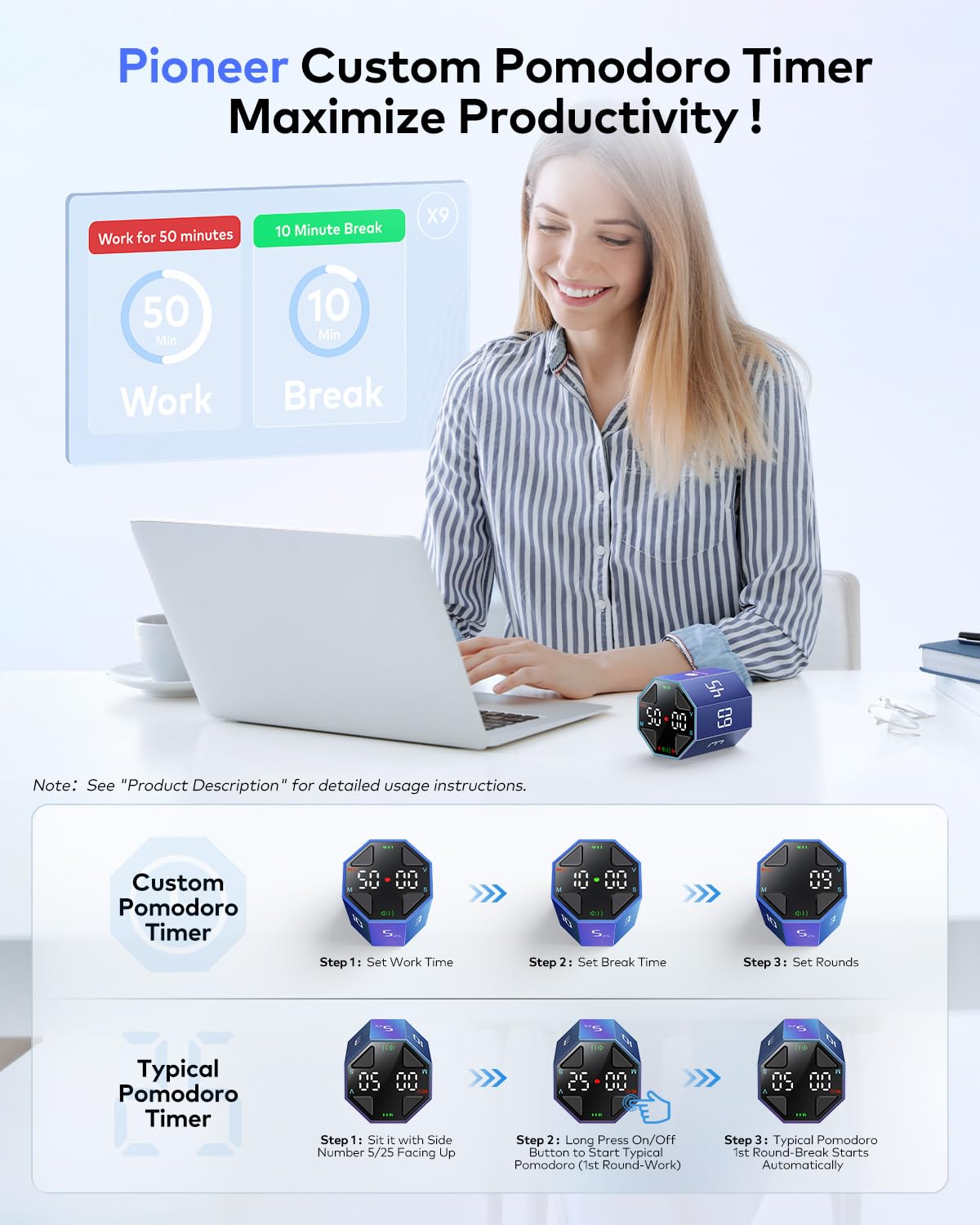 Ticktime Pomodoro Timer Cube with Custom Pomodoro, Flip Pause & Resume, Magnetic Rechargeable Desk Timer with Silent, Vibration & Adjustable Sound Alerts – Blue