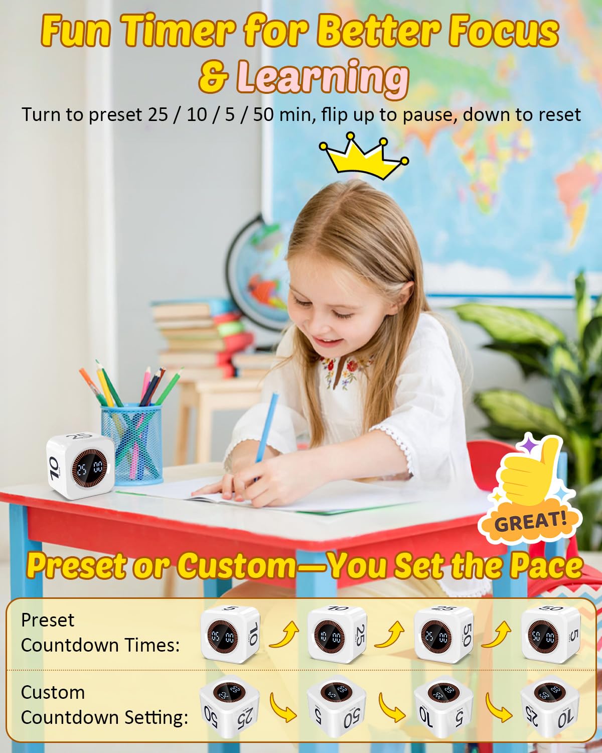 Kids-Friendly Flip Cube Pomodoro Timer with Visual LED Time Bars, Silent Mode & USB-C Rechargeable – White