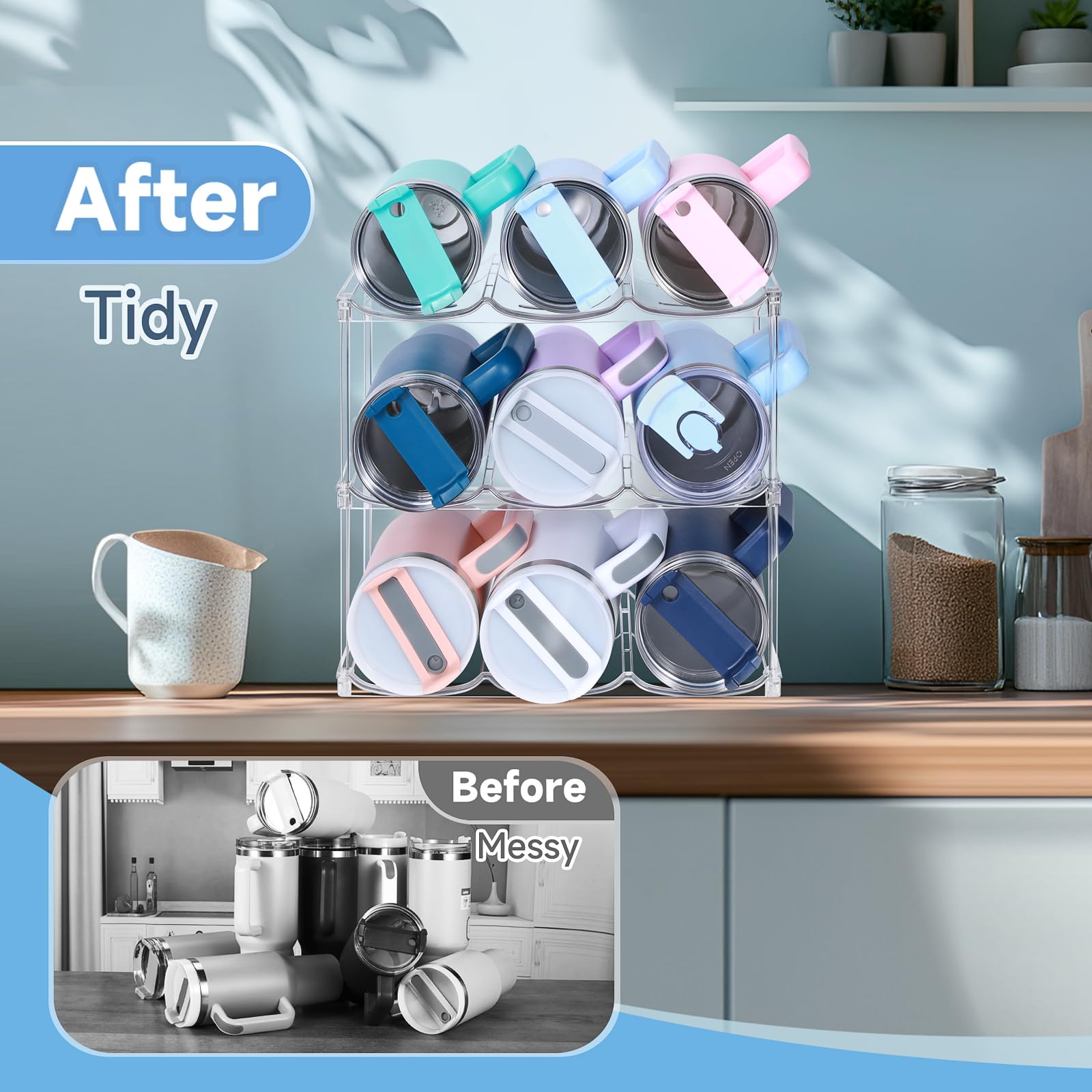 Stackable Water Bottle Organizer (3-Pack) – Clear Storage Rack for 40 oz Tumblers, Cabinets & Pantries