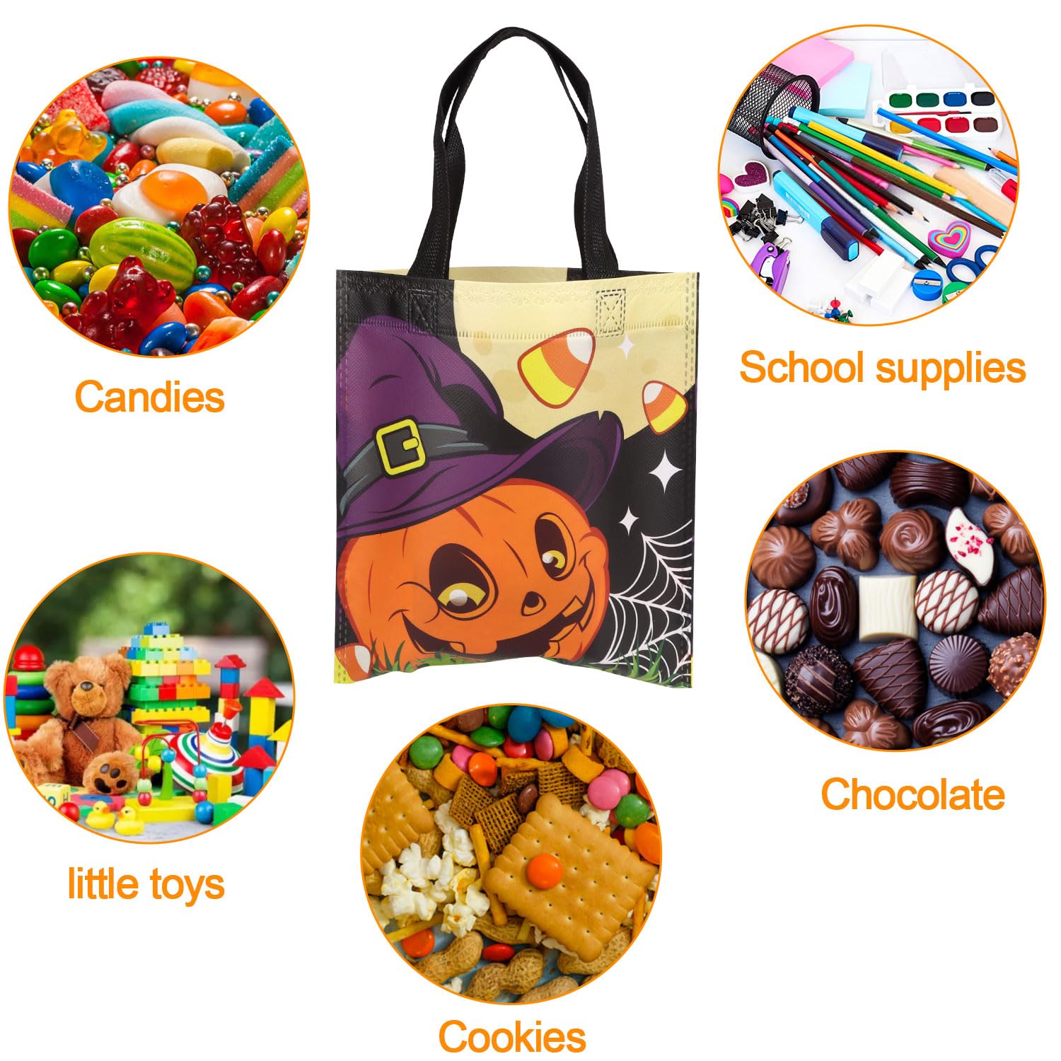 CCINEE 24pcs Halloween Non-Woven Treat Bags for Kids, Large Totes Bags Bulk Trick Or Treat Party Favor Goodies Gifts Bag with Handles for Party