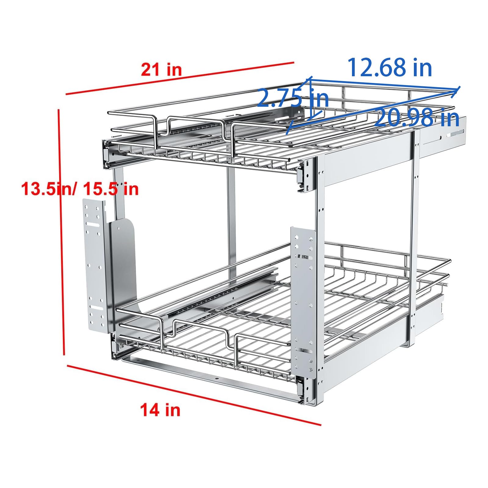 2-Tier Chrome Pull-Out Cabinet Organizer – Heavy-Duty Adjustable Slide-Out Shelves for Base Cabinets (No Door Mount)