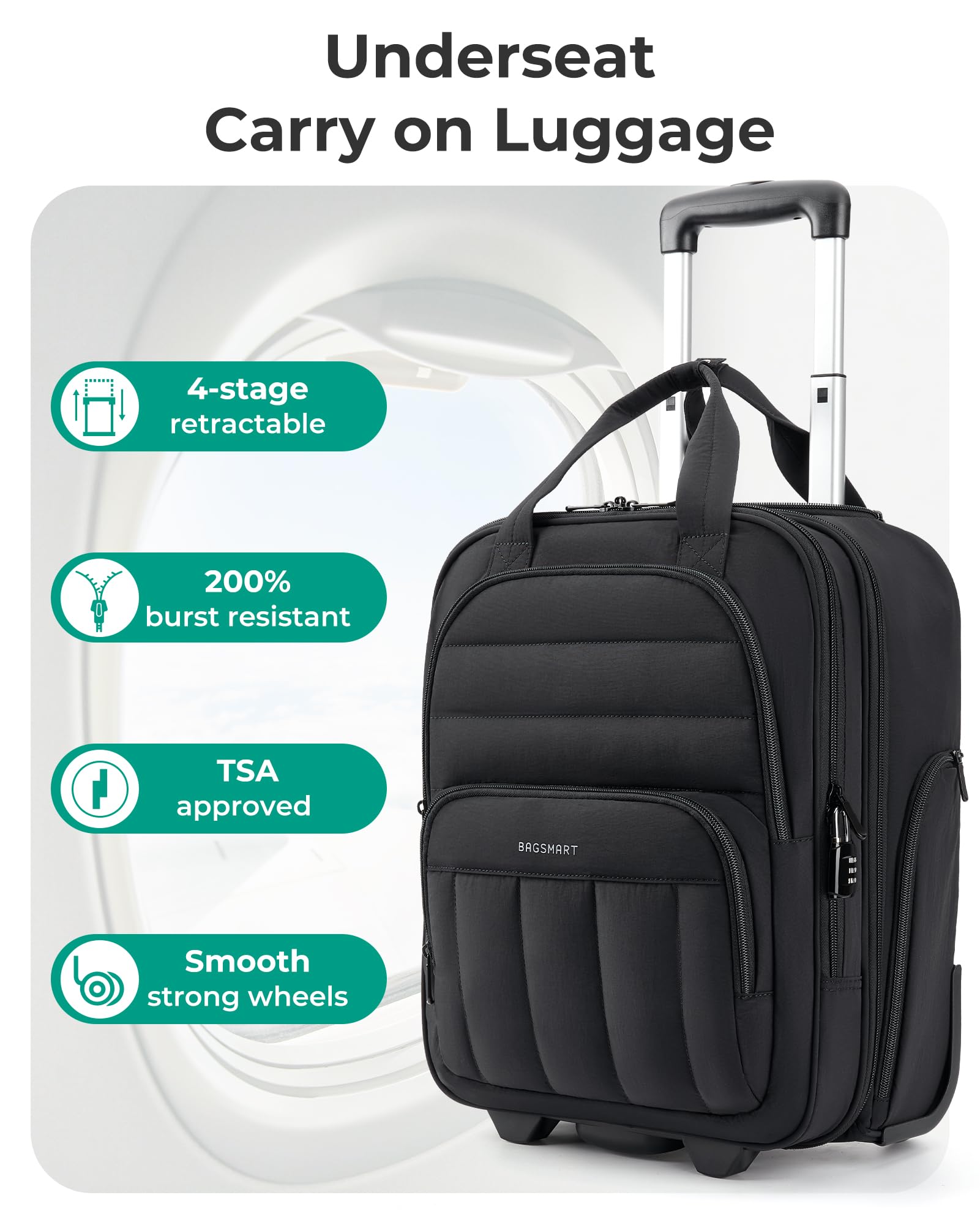 Bagsmart 16-Inch Underseat Carry-On Luggage with Wheels & Laptop Compartment – Black