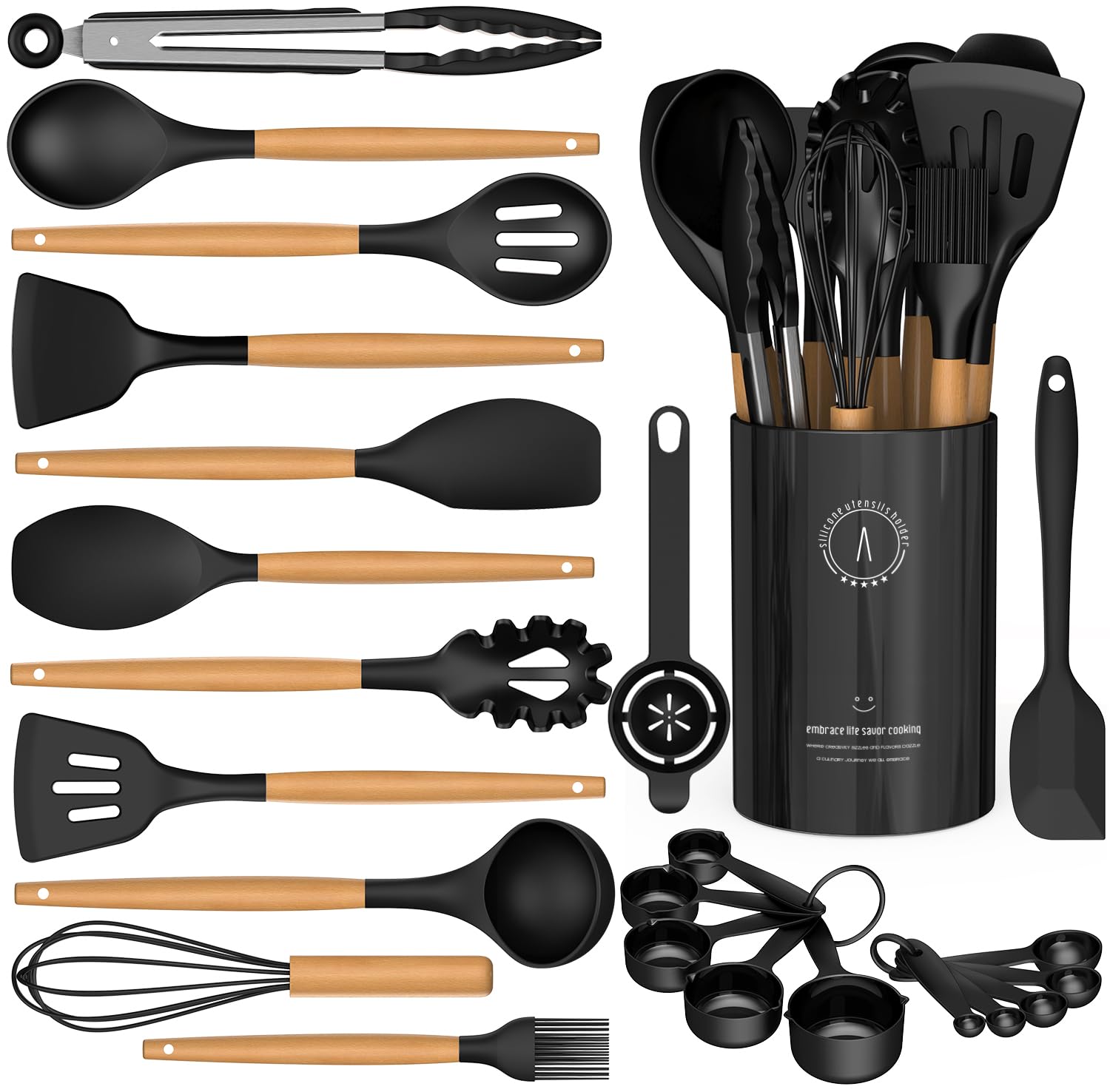 16-Piece Silicone Cooking Utensil Set with Wooden Handles & Holder – Black