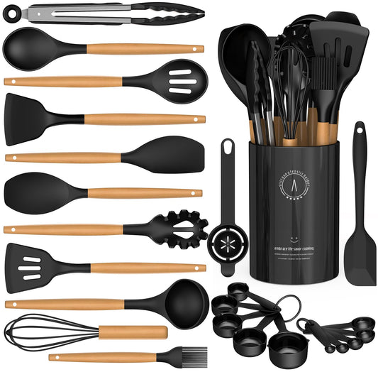 16-Piece Silicone Cooking Utensil Set with Wooden Handles & Holder – Black