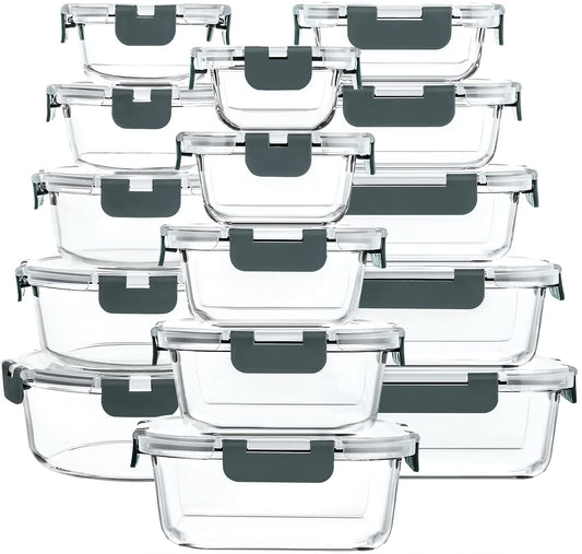 Glass Food Storage Containers with Lids – 30-Piece Borosilicate Meal Prep Set (Gray Lids)