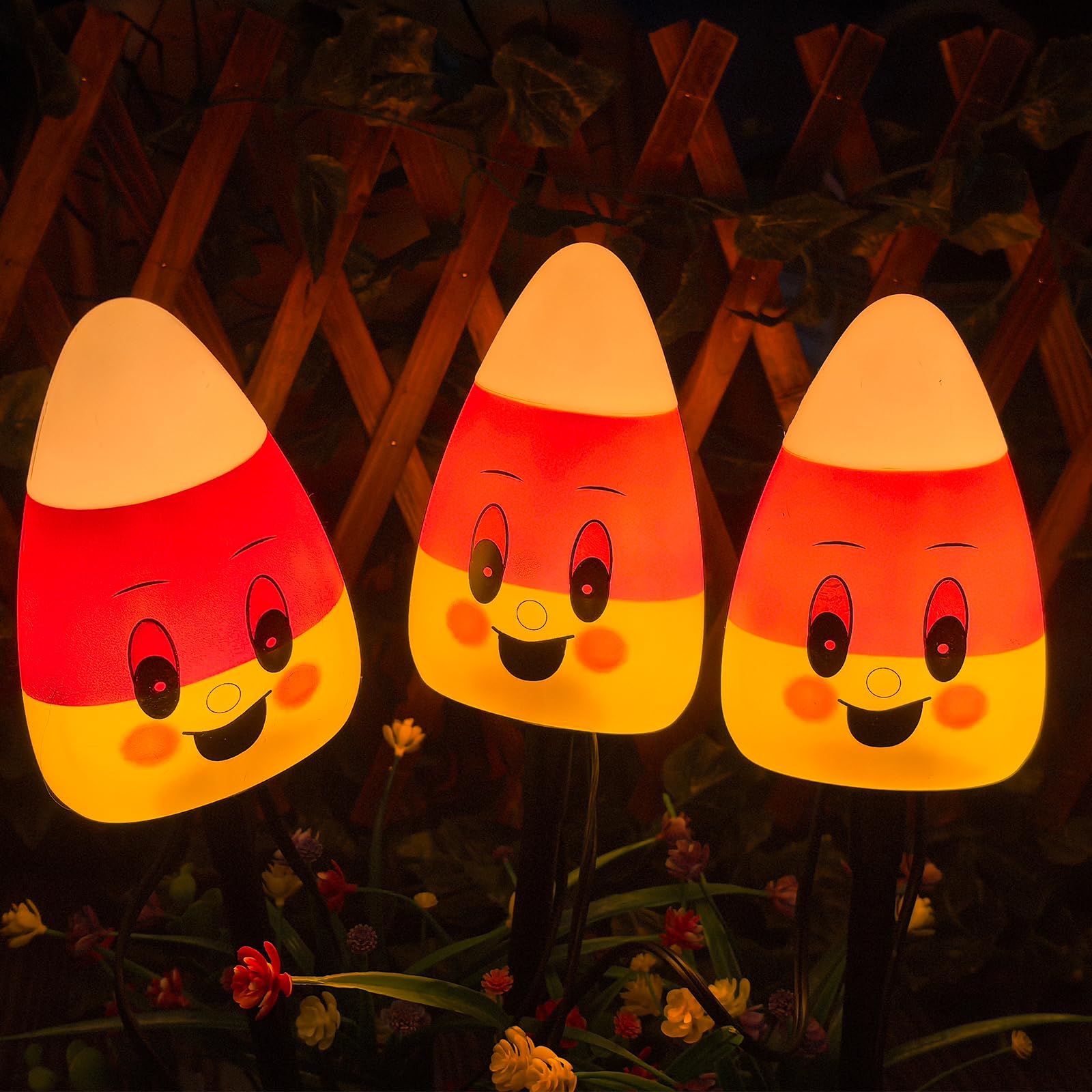 7FT Halloween Candy Corn Pathway Lights – Outdoor LED Walkway Marker Stakes (4 Corncob Lights, Waterproof, Connectable)