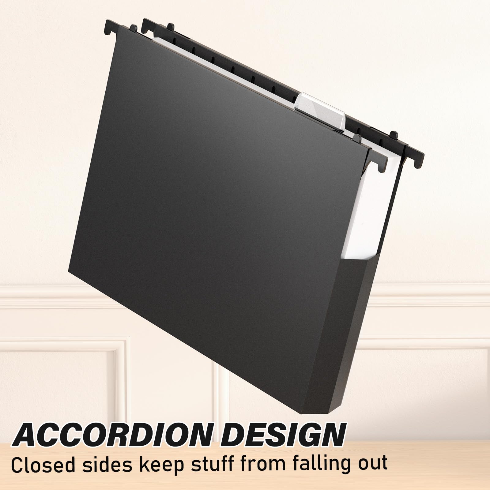 Heavy-Duty Plastic Hanging File Folders – Expandable Letter Size Filing System with Tabs (Black, 12-Pack)