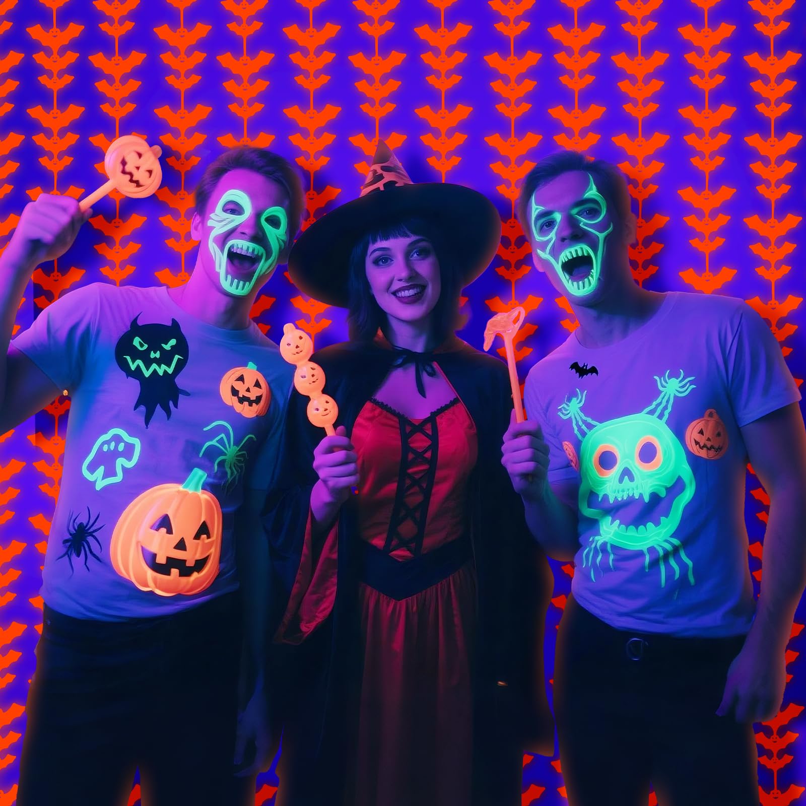 Halloween Glow in the Dark Bat Foil Fringe Curtains – 2 Pack Fluorescent Orange Tinsel Backdrop for Neon Party & Photo Booth (3.3x6.6ft)