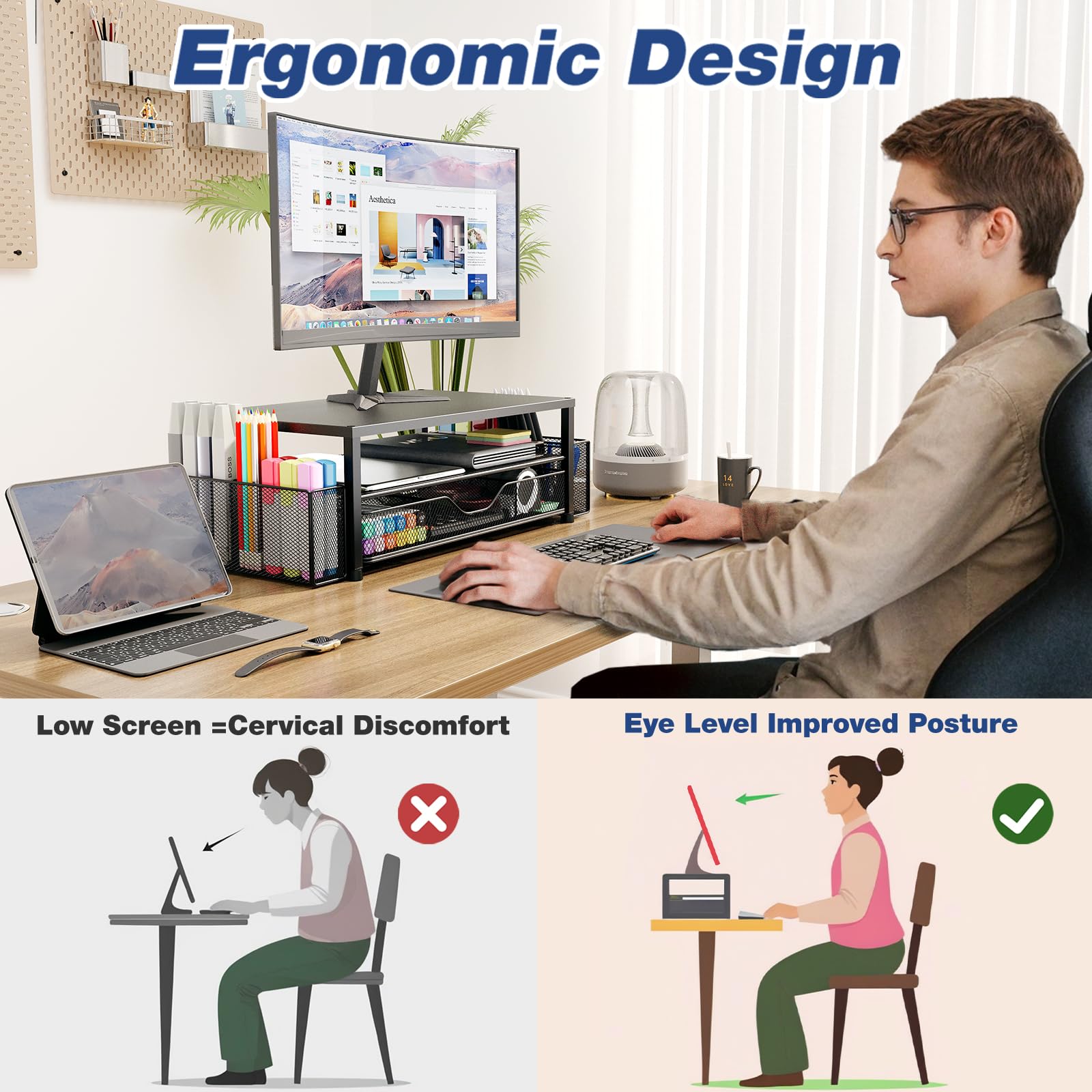 OPNICE 2-Tier Monitor Stand with Drawer & Pen Holders – Ergonomic Desk Organizer for Office & Home